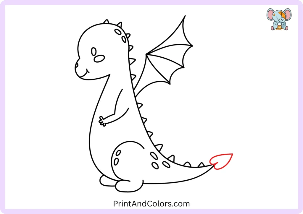 Dragon drawing step 11 showing a decorative leaf-shaped tip added to the end of the dragon's long curved tail
