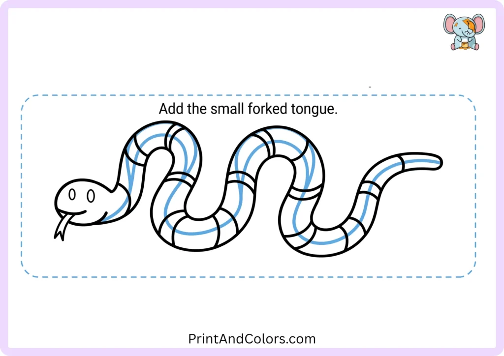 Snake drawing step 6 showing a small forked tongue coming out of the snake's mouth