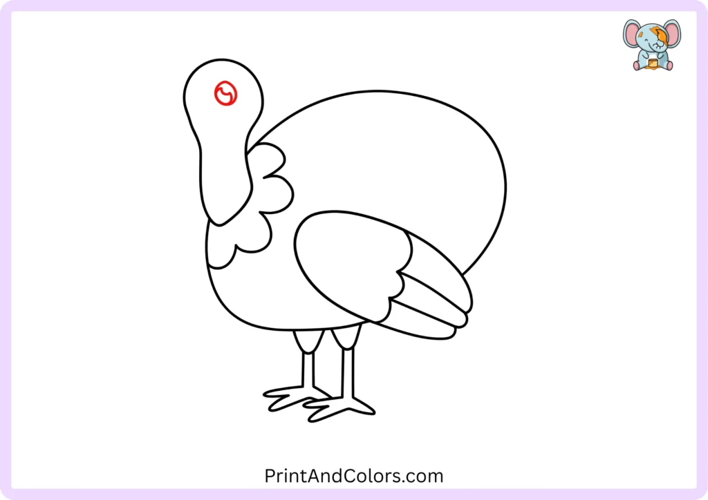Easy turkey drawing step 8 showing a small round turkey eye with two tiny highlights added to the head