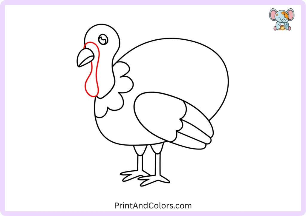 Easy turkey drawing step 10 showing the long curved red wattle hanging beside the turkey's beak and neck