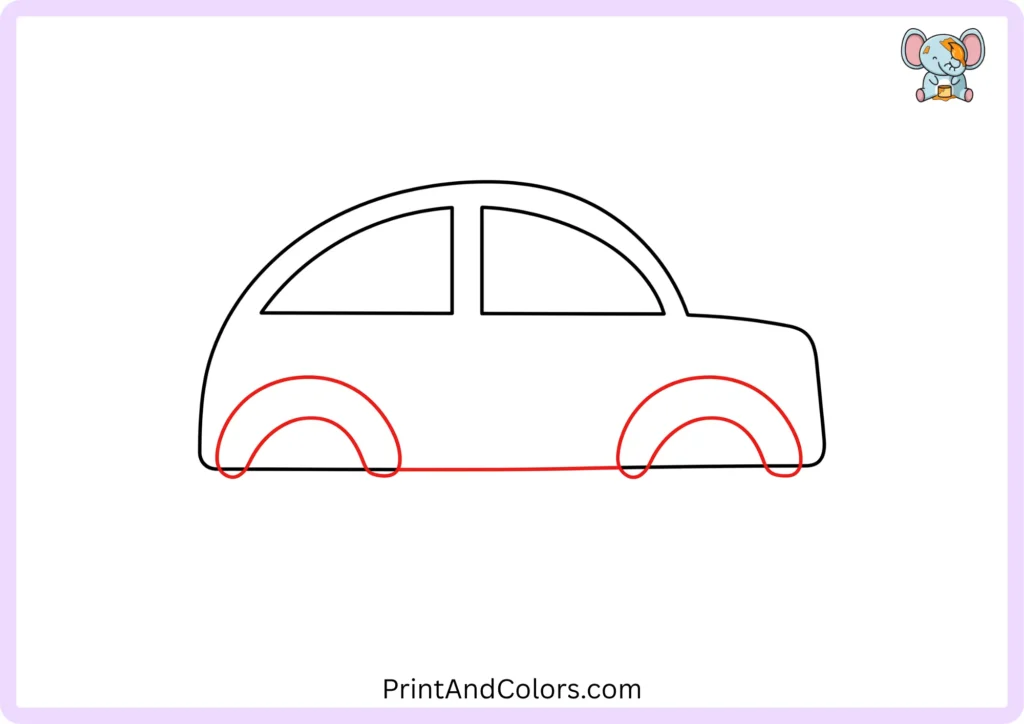 Step 4 of the easy car drawing showing two large curved wheel arches added along the lower edge of the car body, one near the front and one near the rear.