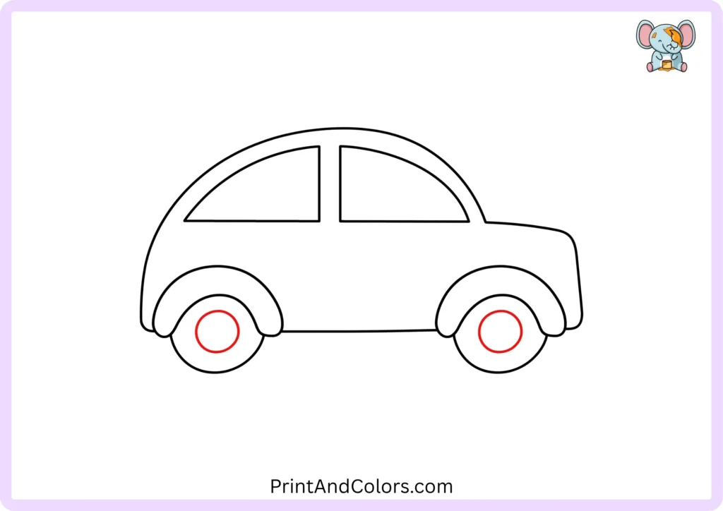 Step 6 of the car drawing showing smaller circles added inside the centers of both wheels to create simple wheel hubs or center caps.
