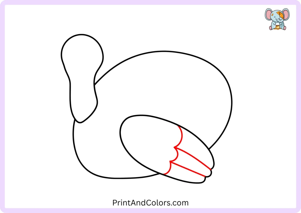 Easy turkey drawing step 4 showing two curved lines dividing the turkey wing into feather sections