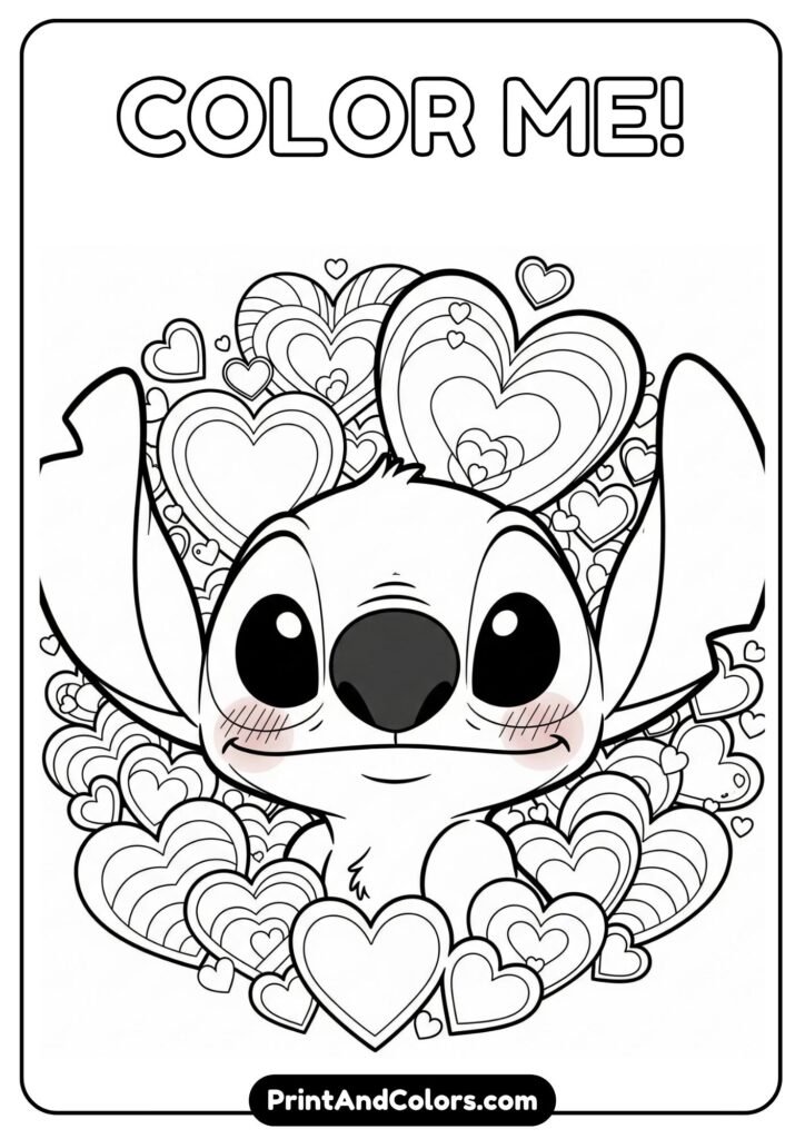 Adorably cute version of Stitch with blushing cheeks and oversized ears, surrounded by hearts