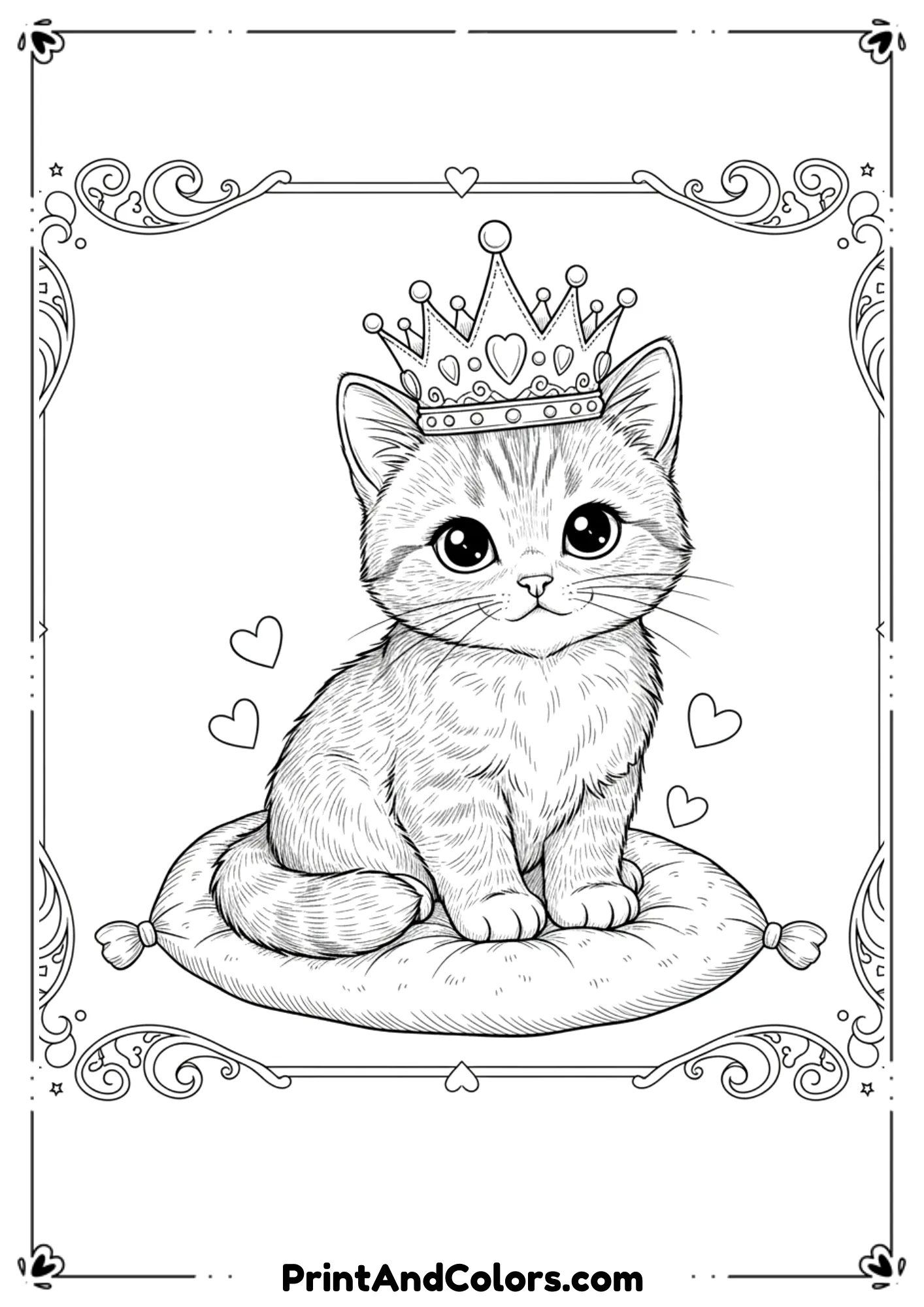 Cute kitten with a shiny princess crown, sitting gracefully, detailed black outlines for kids to color.
