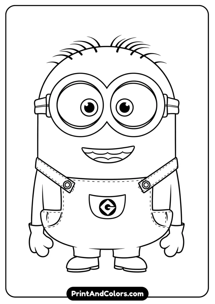 Cute and simple Minion with big eyes and a smile, outlined in black and white for coloring.