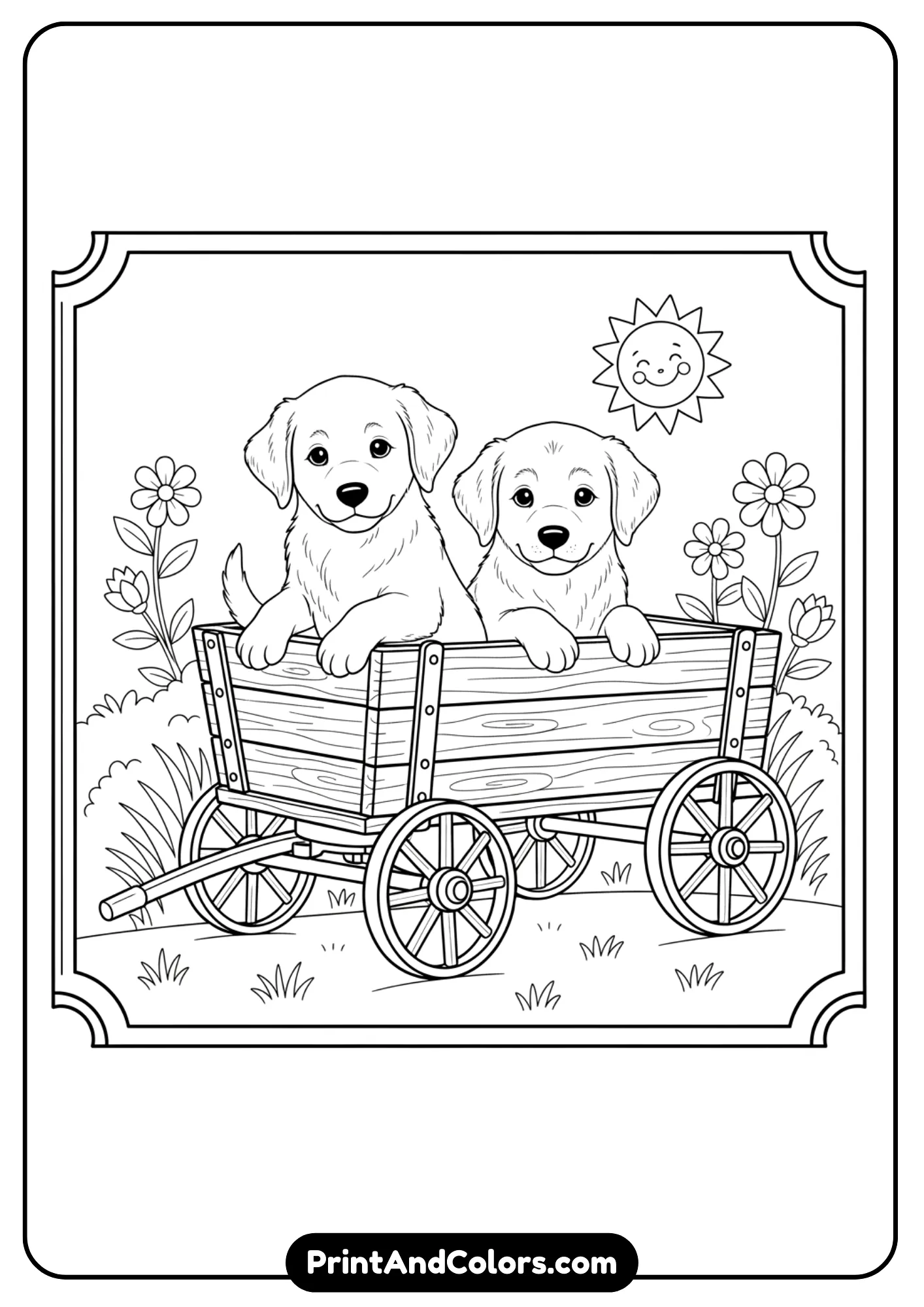 Black and white line art of two puppies sitting together in a wooden wagon. Outlined clearly for a coloring page.