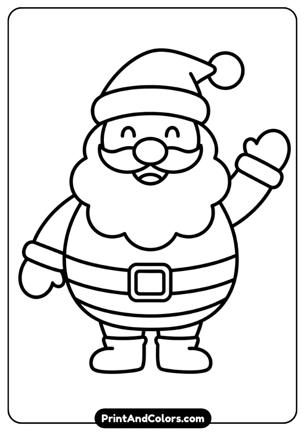 Design an ultra-simple Santa Claus with minimal details, round shapes, and thick bold lines ideal for preschool coloring. Santa should look cute and friendly