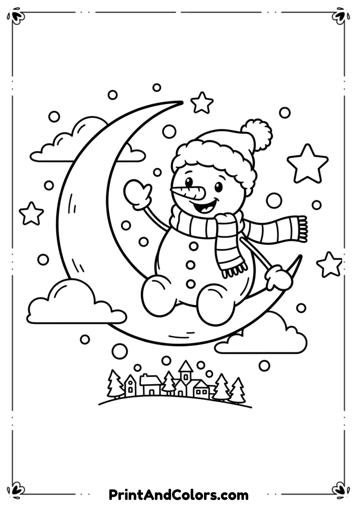 Cute snowman sitting on a crescent moon, tiny snowy village below, stars and clouds around. Magical kid-friendly line art.
