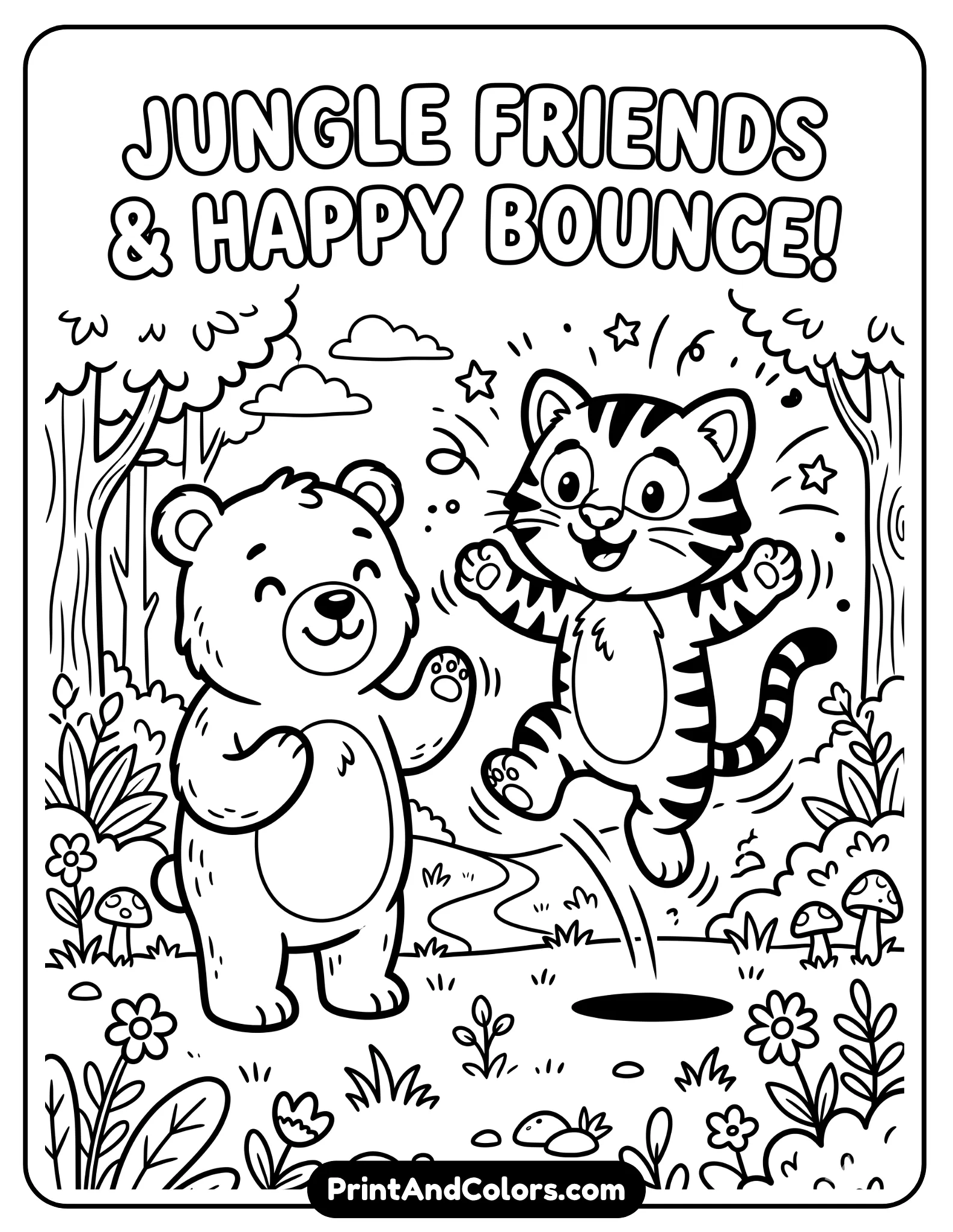 Cute black and white coloring page showing Winnie the Pooh standing beside Tigger who is bouncing happily, both smiling, playful energy lines, simple forest background with trees and flowers, bold outlines for coloring