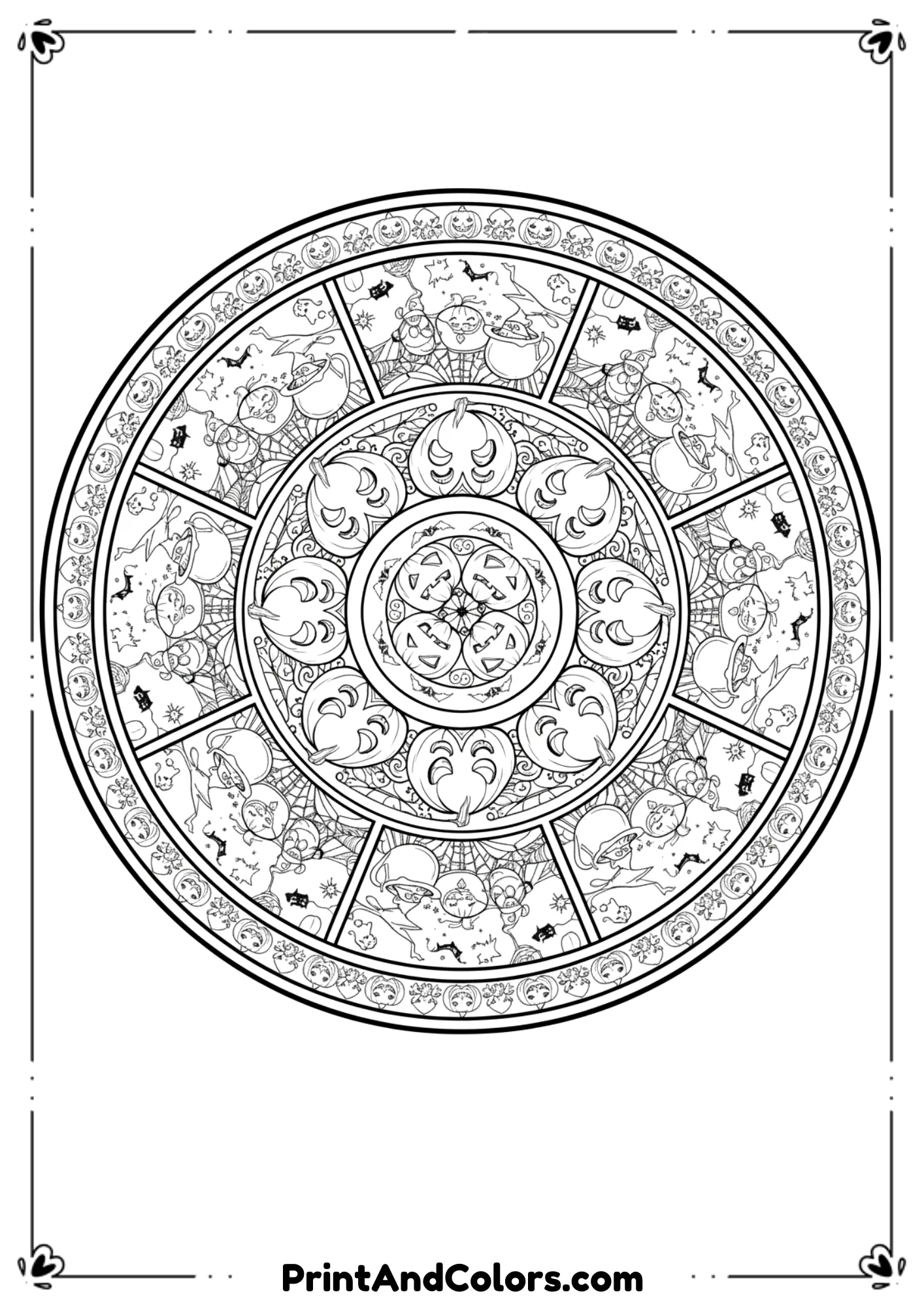 Intricate mandala-style Halloween line art with pumpkins, witches, and patterned designs for adults to color.
