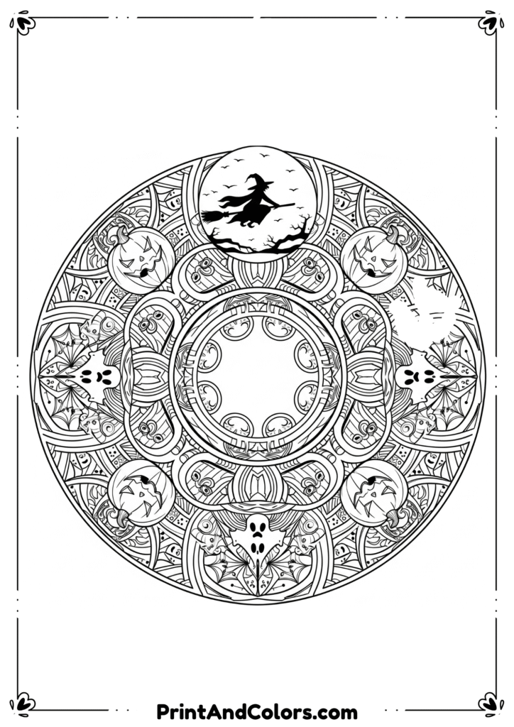 Intricate mandala-style Halloween line art with pumpkins, witches, and patterned designs for adults to color.