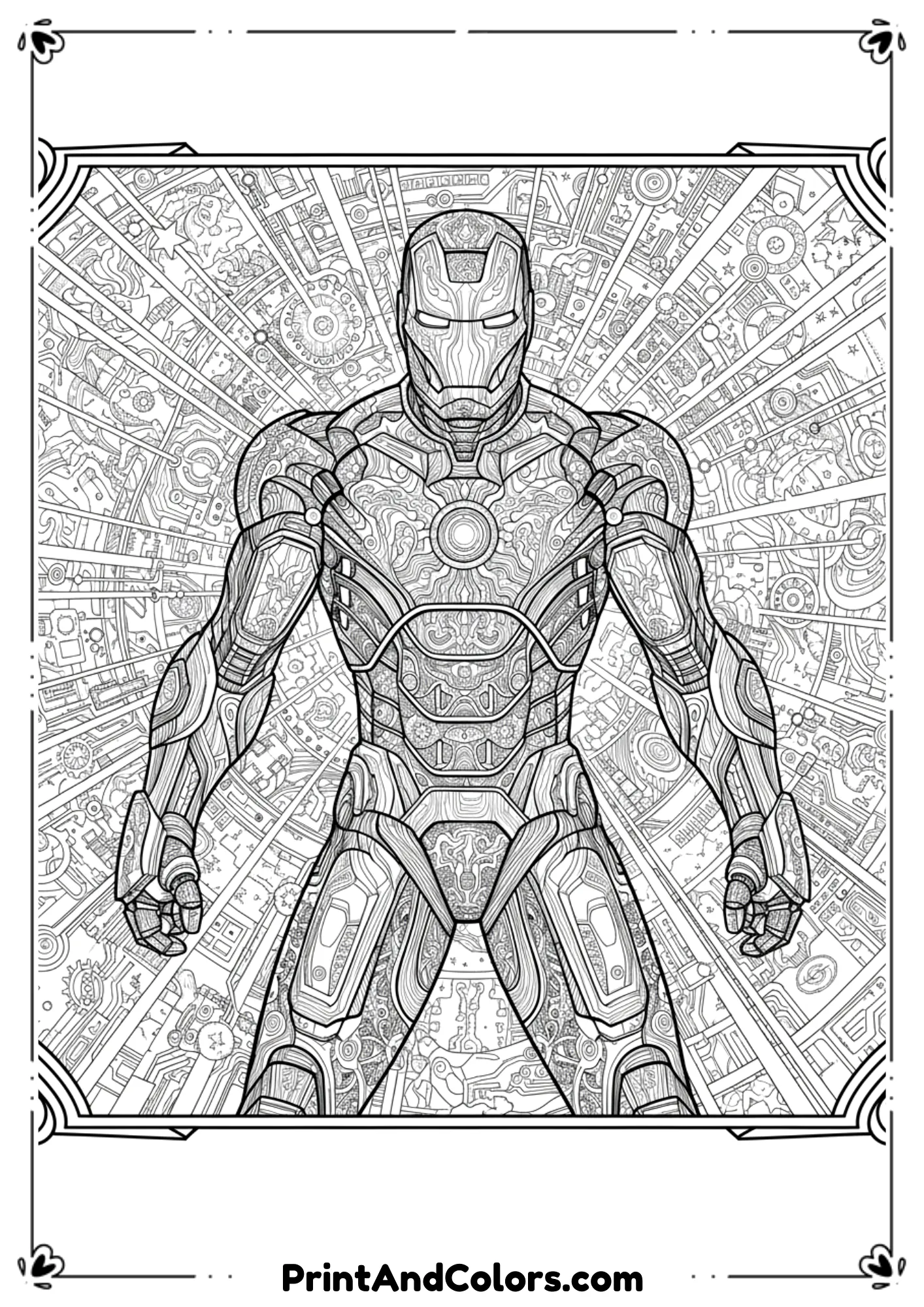 Highly detailed line art of Iron Man suit with intricate armor patterns, designed for adults to color.
