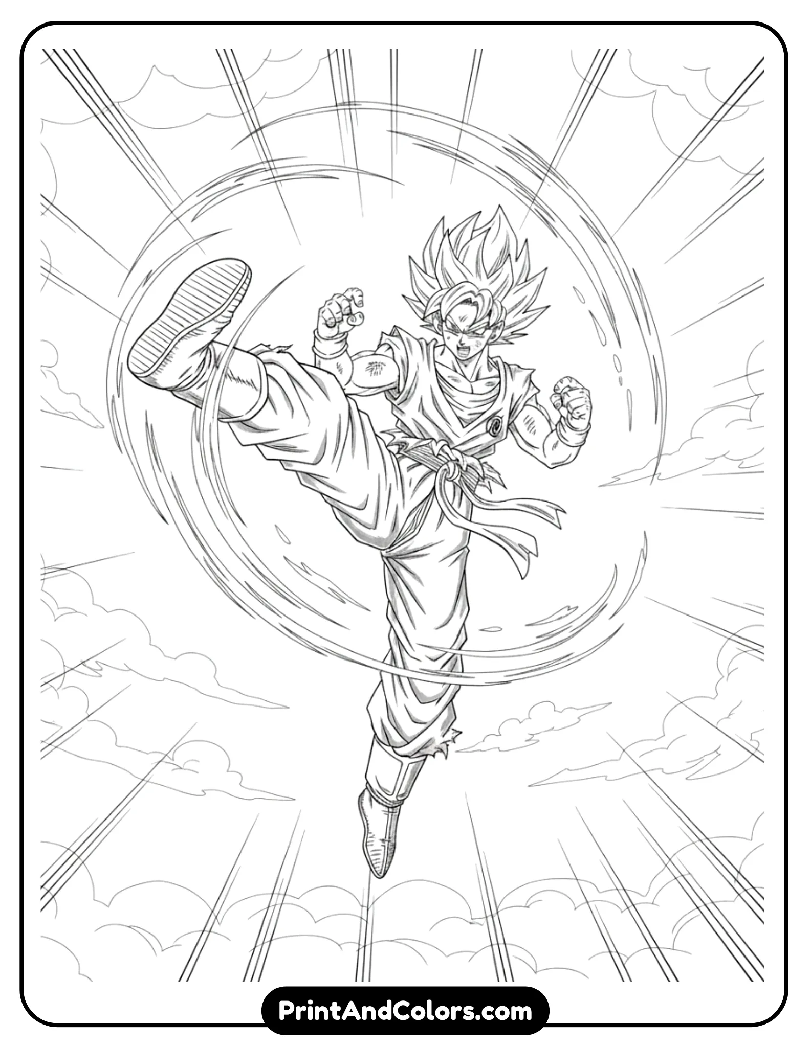 Illustrate Goku mid-air performing a powerful martial arts kick or punch. His body twists dynamically with motion lines emphasizing speed and height. Simple sky background. Black and white line art only.