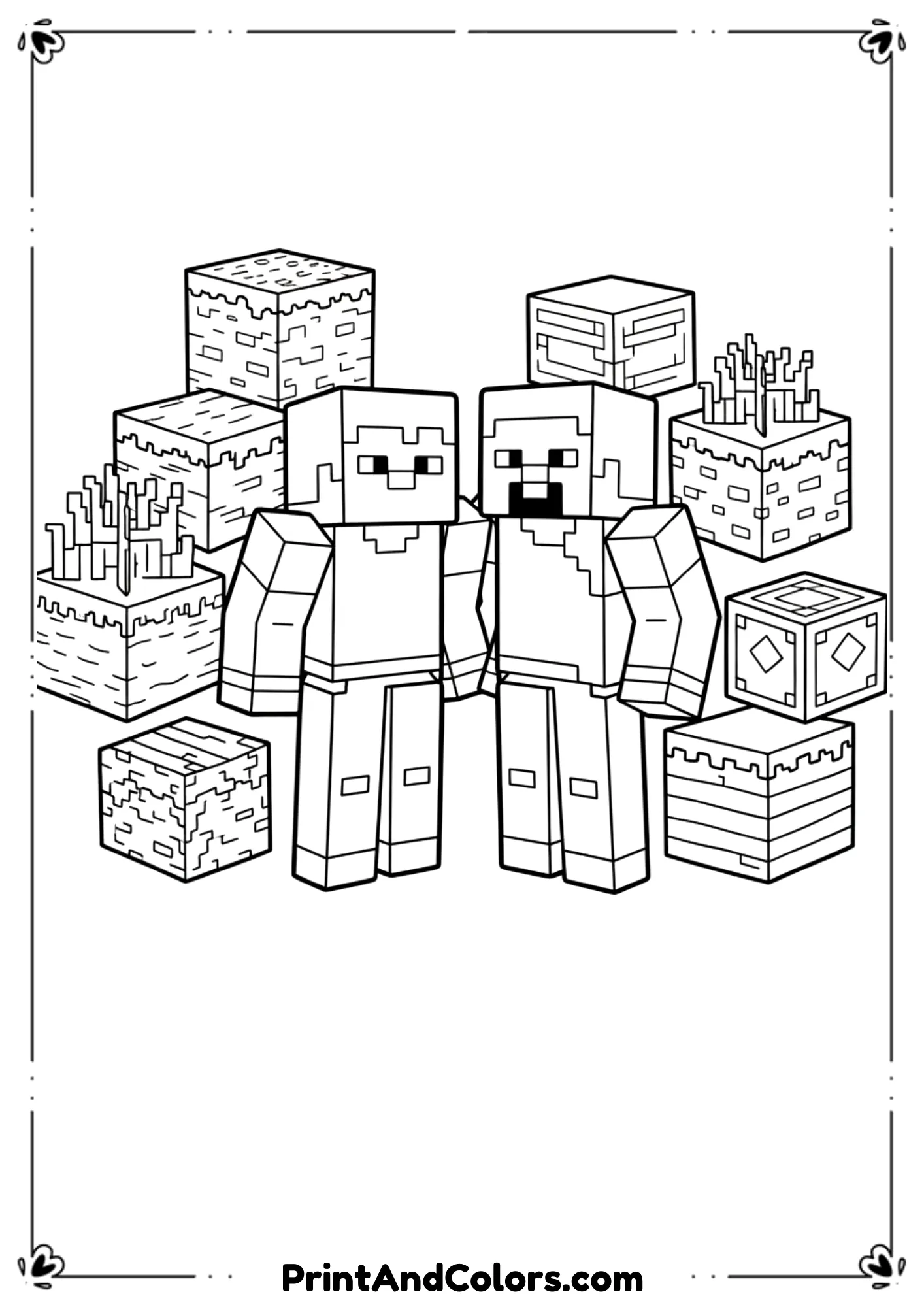 Black and white line art of Minecraft Alex and Steve standing together, surrounded by various Minecraft blocks like stone, grass, wood, and diamond blocks, friendly pose, bold clean outlines, no shading, printable coloring page for kids, white background.

