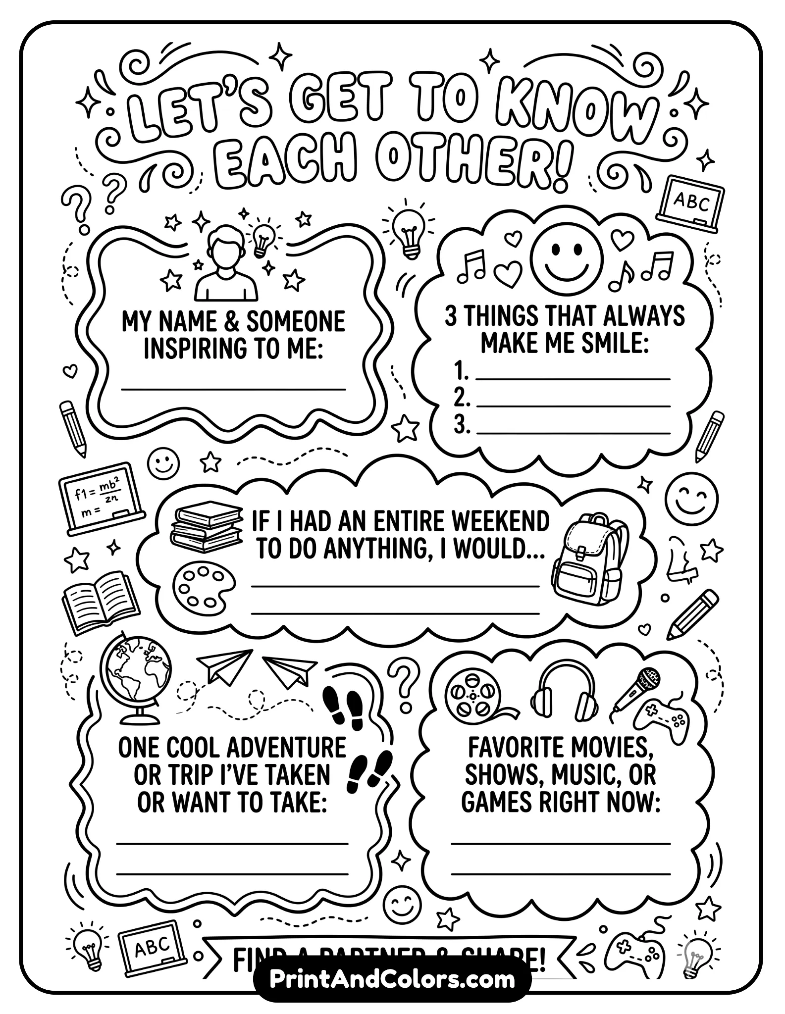 black-and-white icebreaker worksheet with playful classroom icons like question marks, chalkboards, and smiley faces. Include fun prompts to encourage sharing and discussion. Clean, printable design.