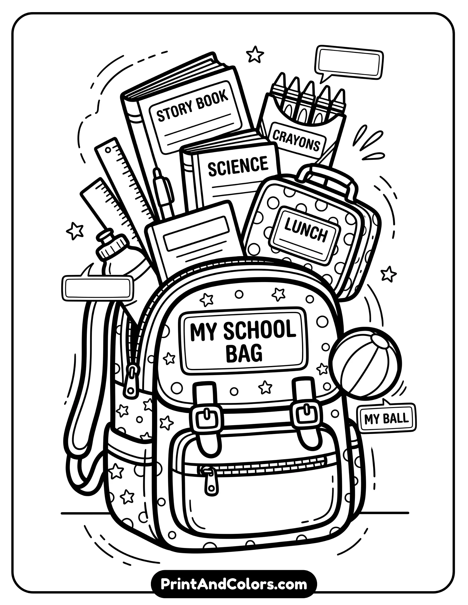 black-and-white school bag or backpack with items popping out, such as books, crayons, a ball, and a lunchbox. Each item includes a small label or blank space to write about the student. Bold outlines, minimal background, kid-friendly coloring page style.