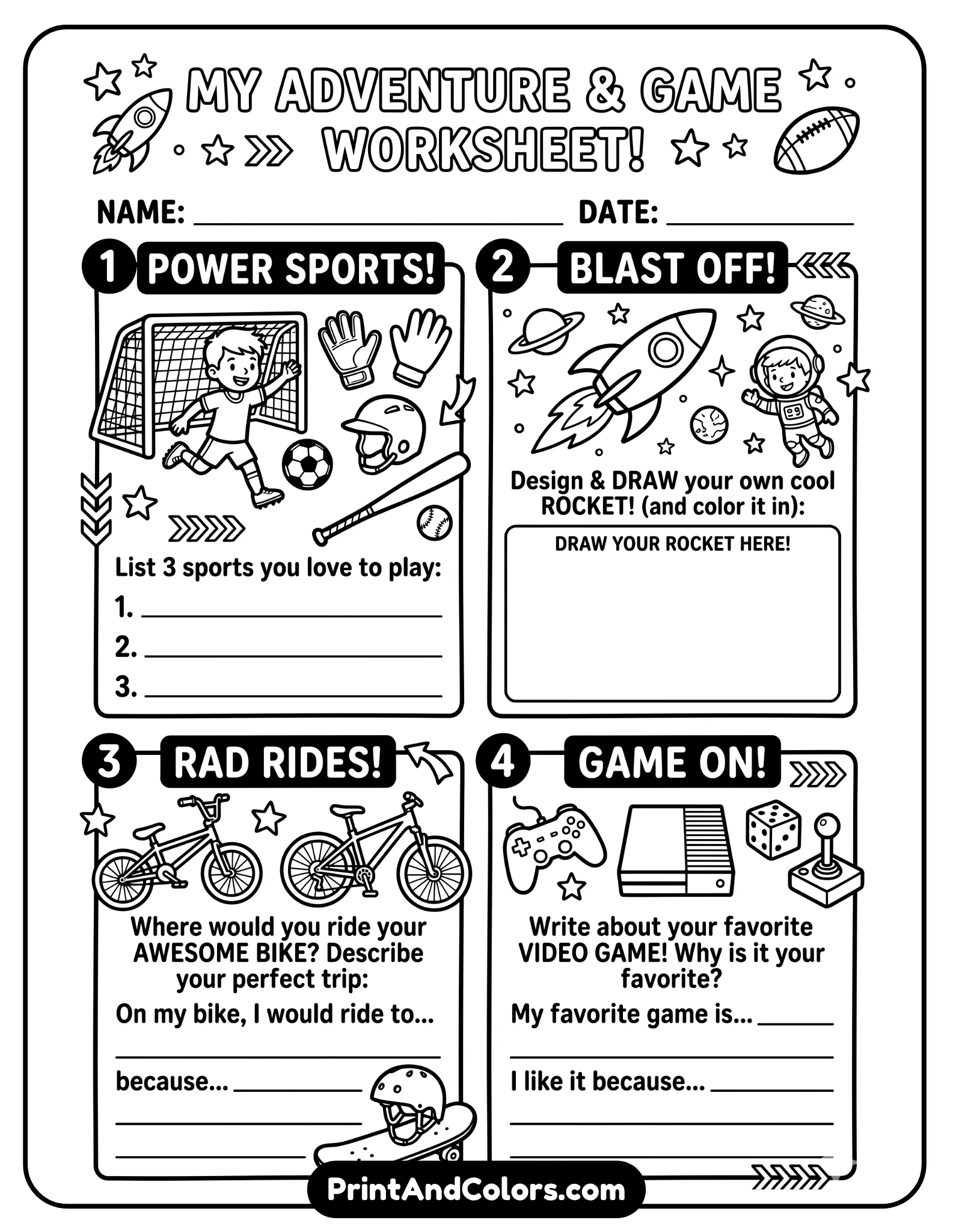 worksheet with boy-friendly themes like sports, rockets, bikes, and games. Include drawing space and writing prompts. Use bold outlines, energetic icons, and open coloring areas.