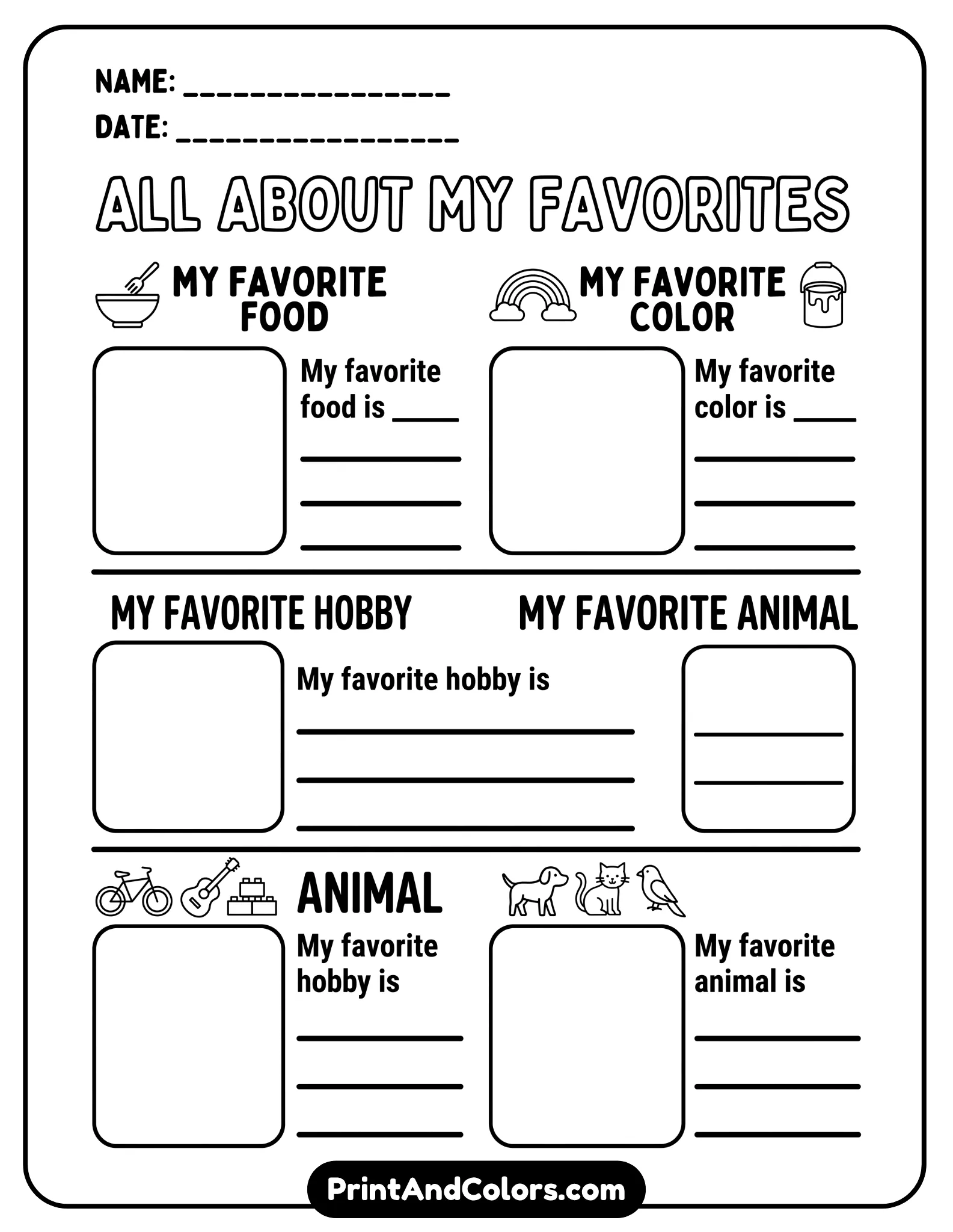 black-and-white worksheet combining drawing boxes and writing lines focused on favorites like food, color, hobby, and animal. Simple icons, bold outlines, no shading