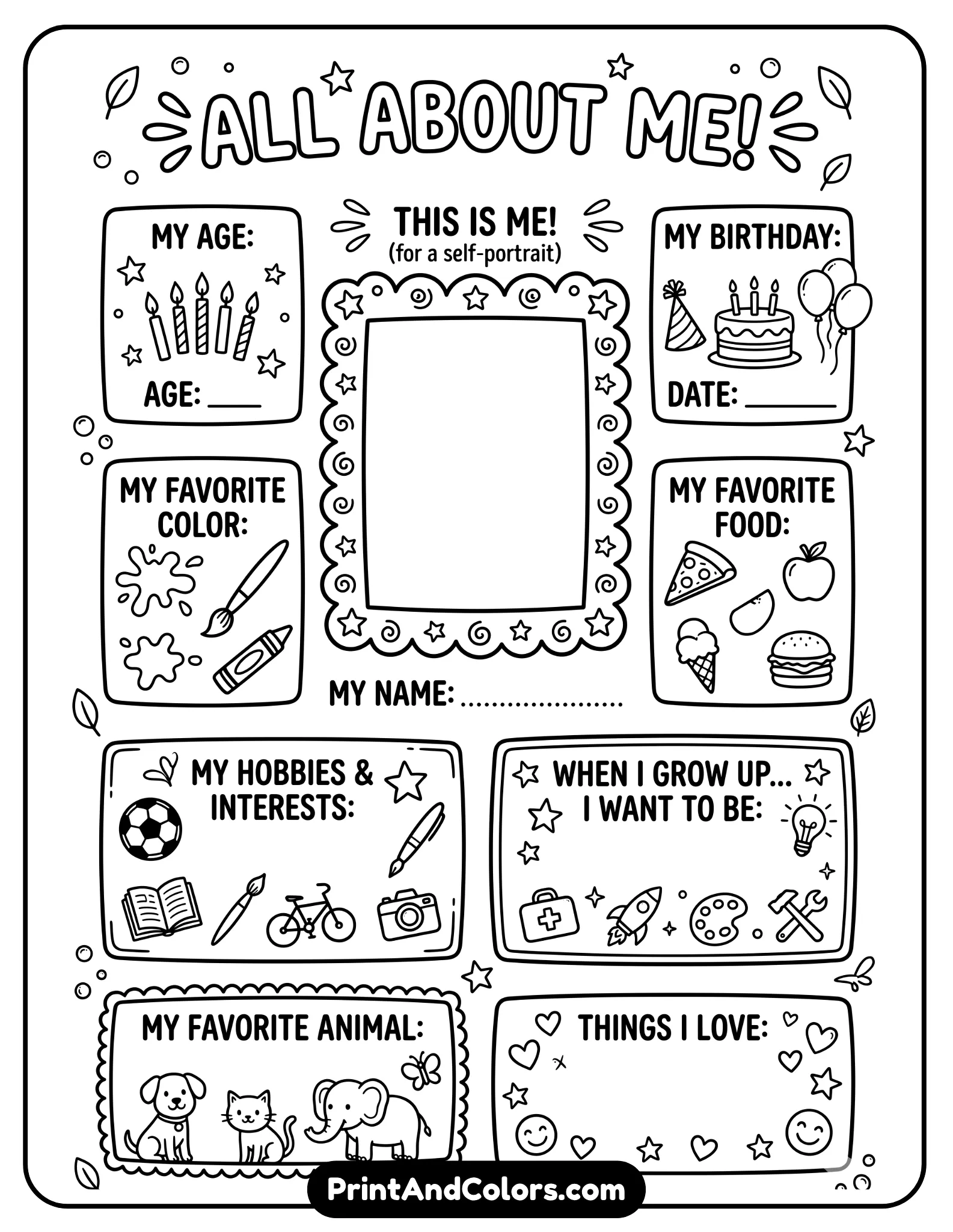 black-and-white drawing template with a large central frame for a self-drawing and smaller boxes around it for facts like age, favorites, and hobbies. Friendly borders, simple doodles, bold outlines, no shading.