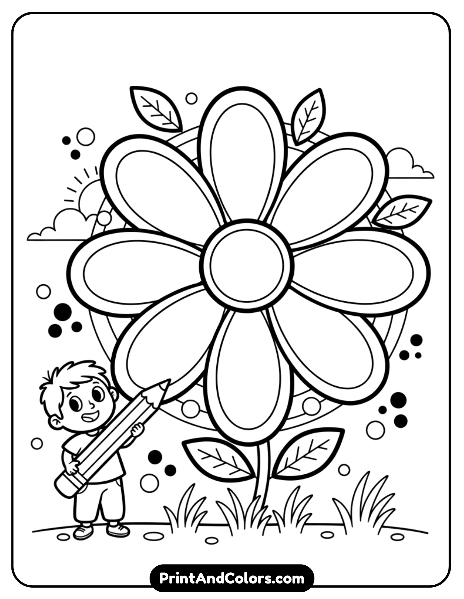 black-and-white coloring page featuring a large flower with multiple petals, each petal containing a blank writing space. A smiling child stands beside the flower holding a pencil. Simple leaves, grass, and decorative dots surround the flower. Thick outlines, no color fill, minimal background, and plenty of white space for writing and coloring