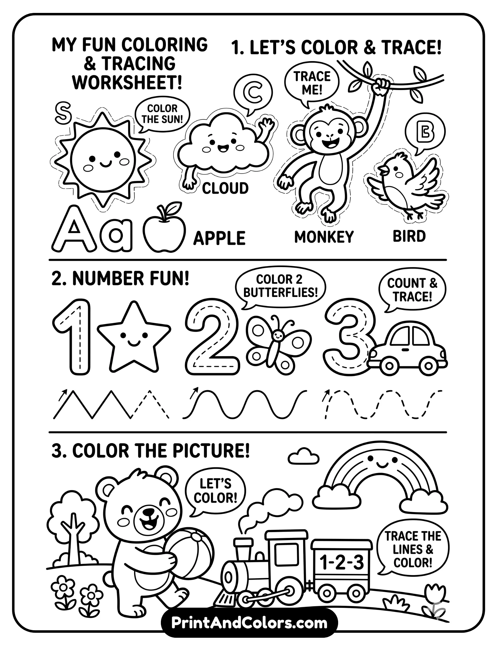 kindergarten-friendly black-and-white worksheet with cheerful cartoon characters, big icons, and tracing-friendly lines. Simple prompts, bold outlines, printable free coloring page style.