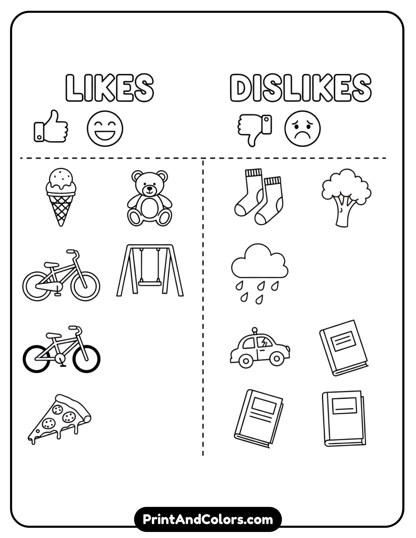 black-and-white printable sorting worksheet divided into two columns labeled likes and dislikes. Include simple icons such as thumbs up, thumbs down, smiley and sad faces. Add small objects like food, toys, and activities as line drawings for sorting. Bold outlines, simple design, no shading.