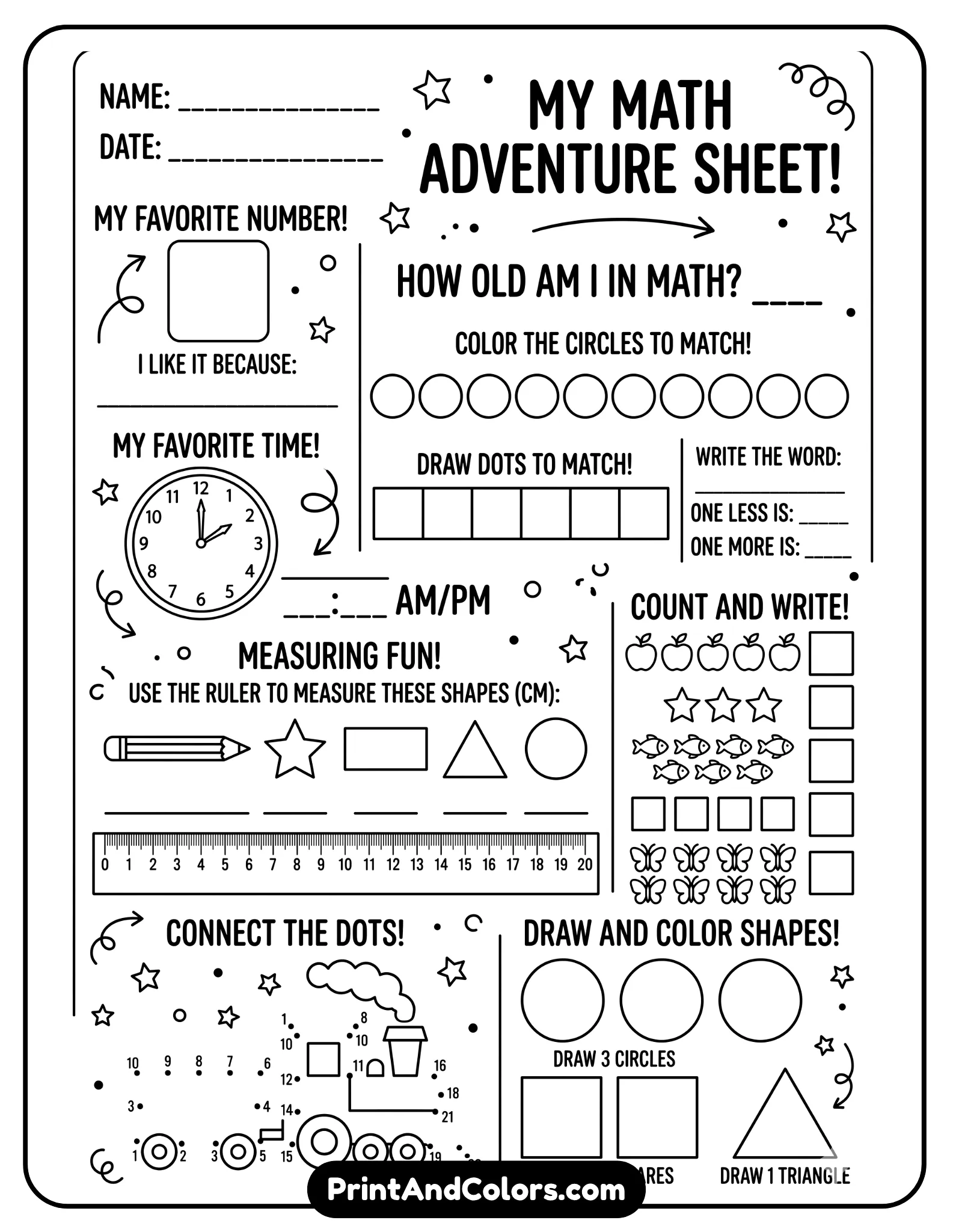 black-and-white worksheet combining math elements like numbers, shapes, rulers, and counting icons with personal prompts. Include sections such as favorite number and age in math form. Clean outlines, no shading.