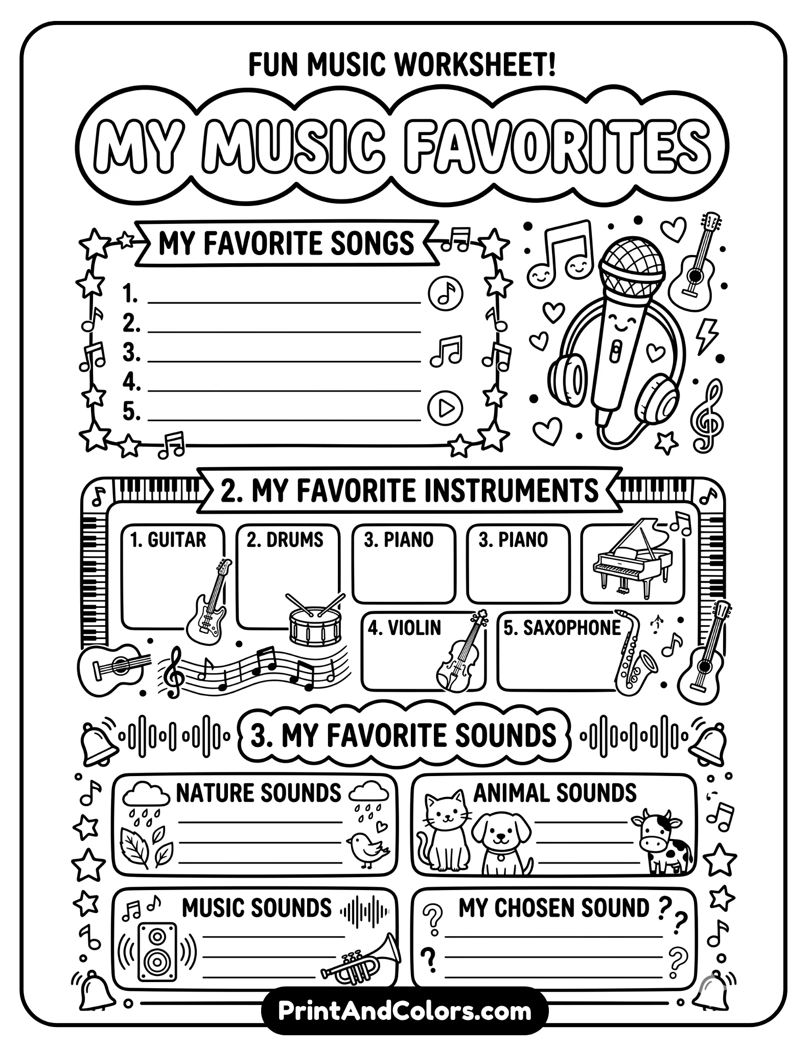 black-and-white worksheet with music-themed illustrations such as notes, headphones, guitars, and microphones. Include sections for favorite songs, instruments, and sounds. Bold outlines, no shading