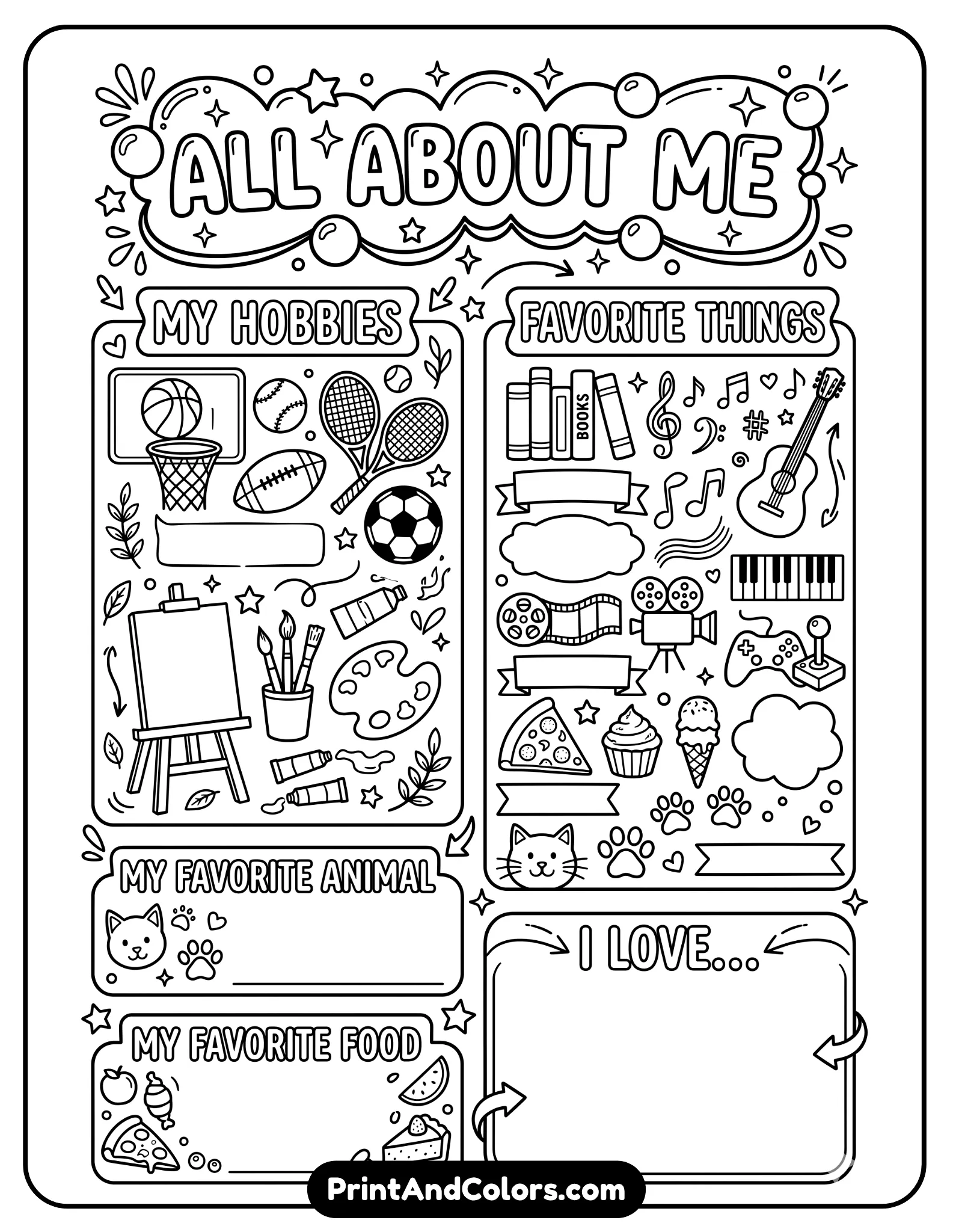 poster-style black-and-white layout with bold title space at the top and large sections for hobbies and favorite things. Include icons like sports equipment, art tools, books, and music notes. Clean borders, no shading, wall-display friendly
