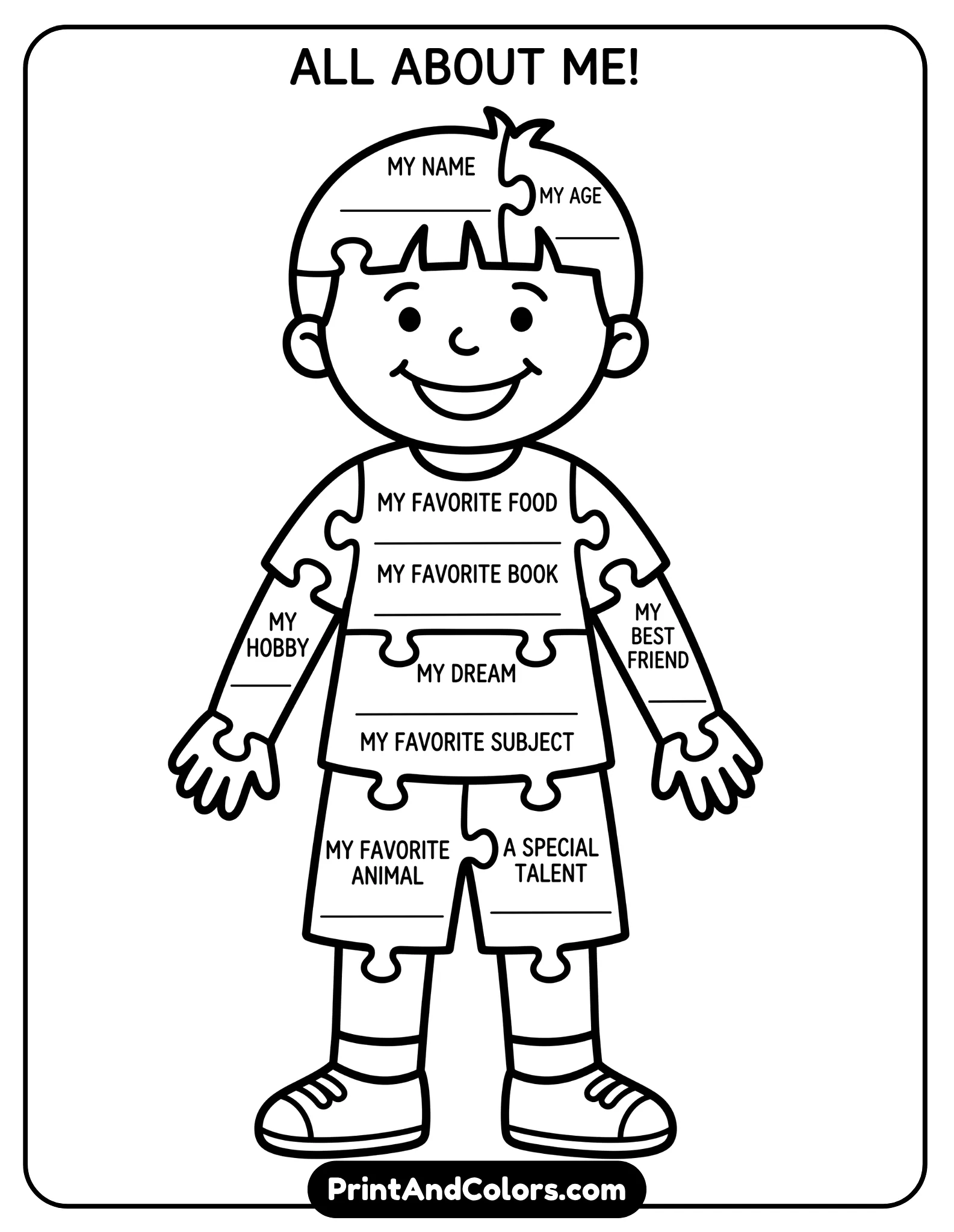 black-and-white worksheet where pieces form a large puzzle shape of a child. Each puzzle piece contains a prompt like name, hobby, favorite food, or dream. Use thick outlines, simple facial features, no background clutter, and open areas for coloring.
