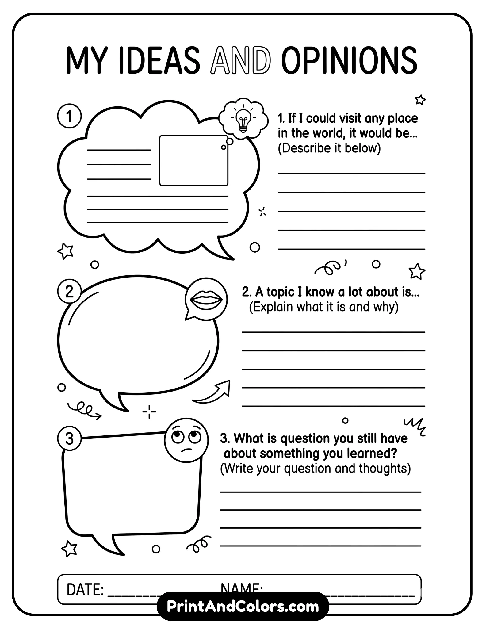 question-based black-and-white worksheet with speech bubbles and numbered prompts. Simple icons for thinking and talking. Clean, structured layout, no shading