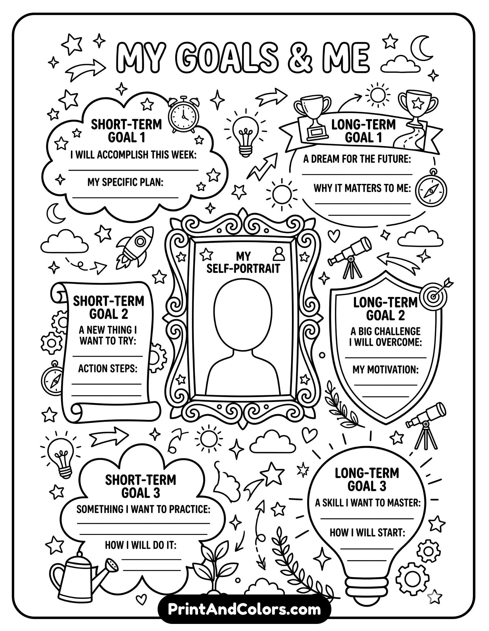 black-and-white worksheet featuring a large self-portrait frame at the center with surrounding sections for short-term and long-term goals. Include simple icons like stars, arrows, and light bulbs. Clean bold outlines, no shading, open areas for coloring and writing