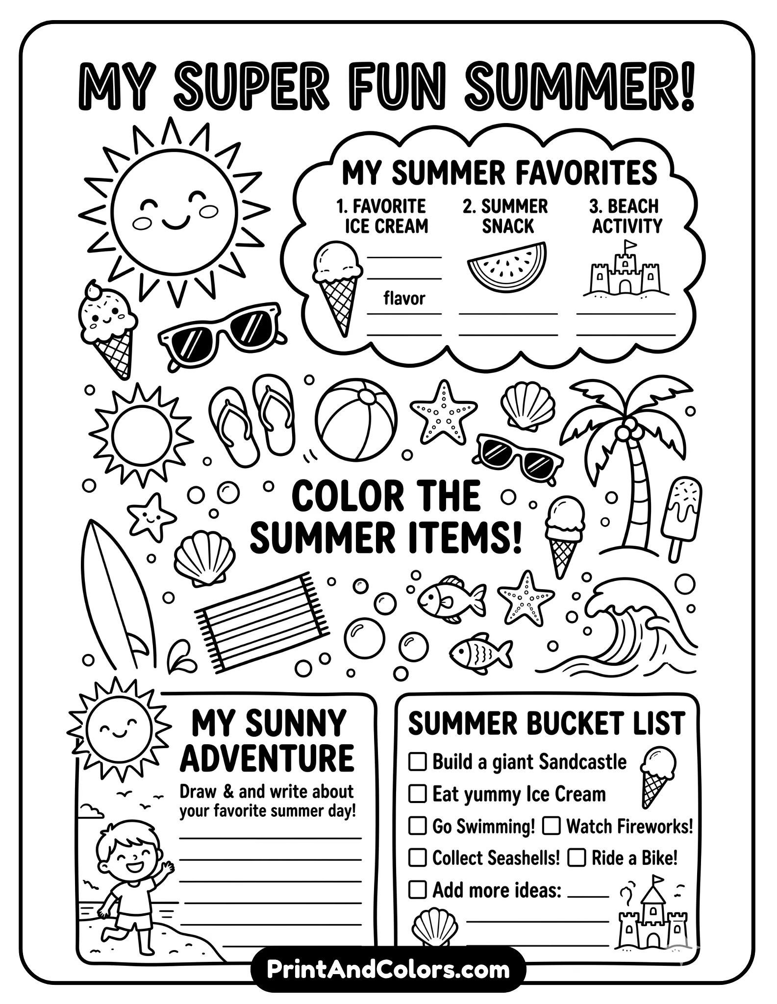 summer-themed black-and-white worksheet with sun, beach items, ice cream, and sunglasses. Include prompts about summer favorites and activities. Bold outlines, fun coloring style