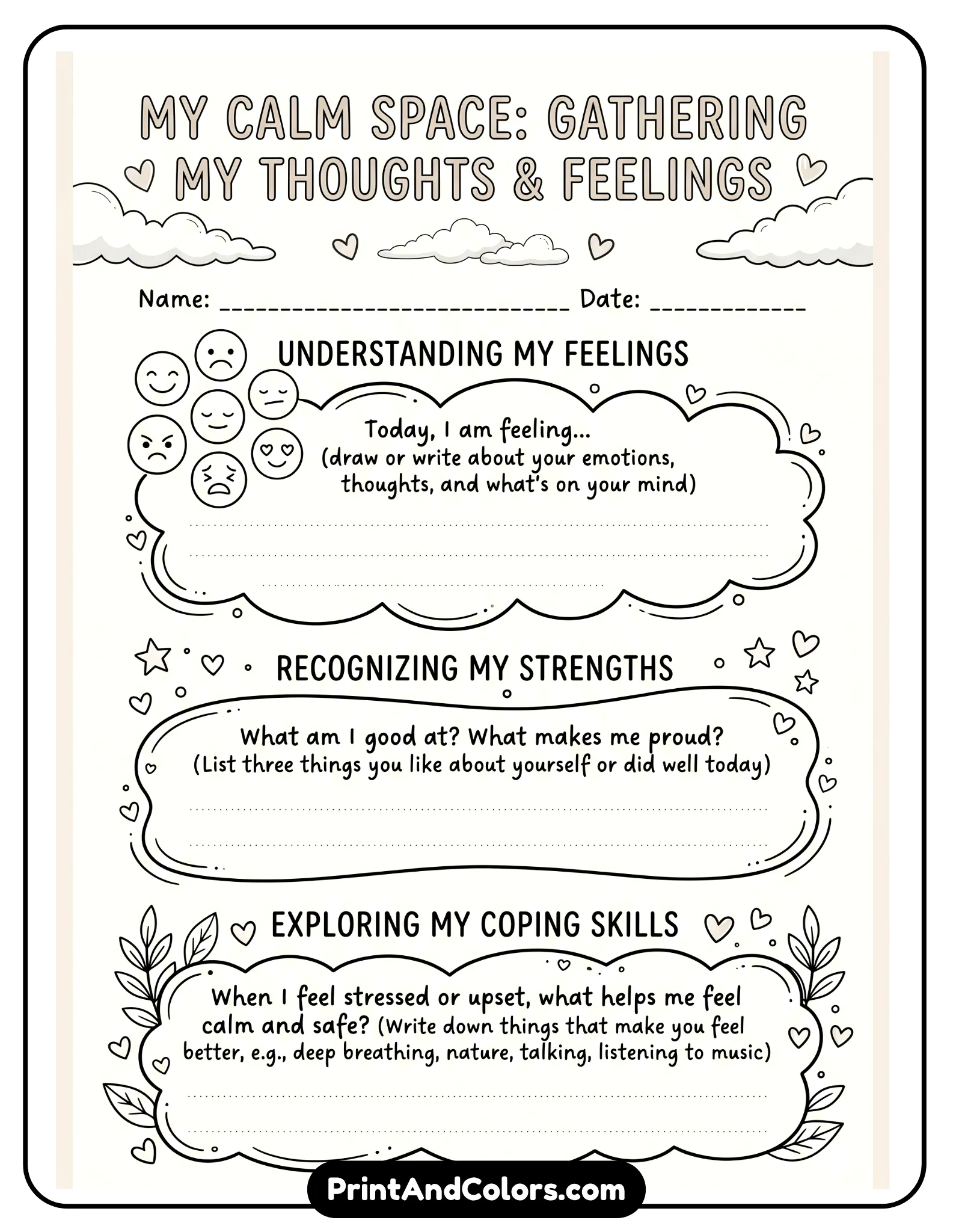 black-and-white therapy worksheet with soft shapes, hearts, clouds, and emotion icons. Include reflective prompts for feelings, strengths, and coping skills. Simple line art, no heavy decoration