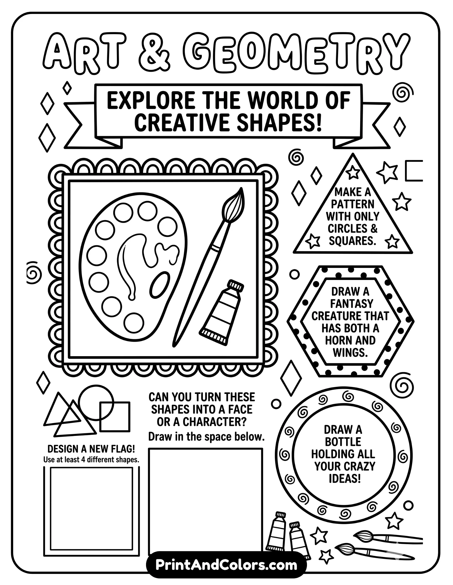 art-themed black-and-white worksheet featuring geometric shapes, paint tools, and creative frames. Include open-ended prompts and drawing areas. Bold outlines, no shading