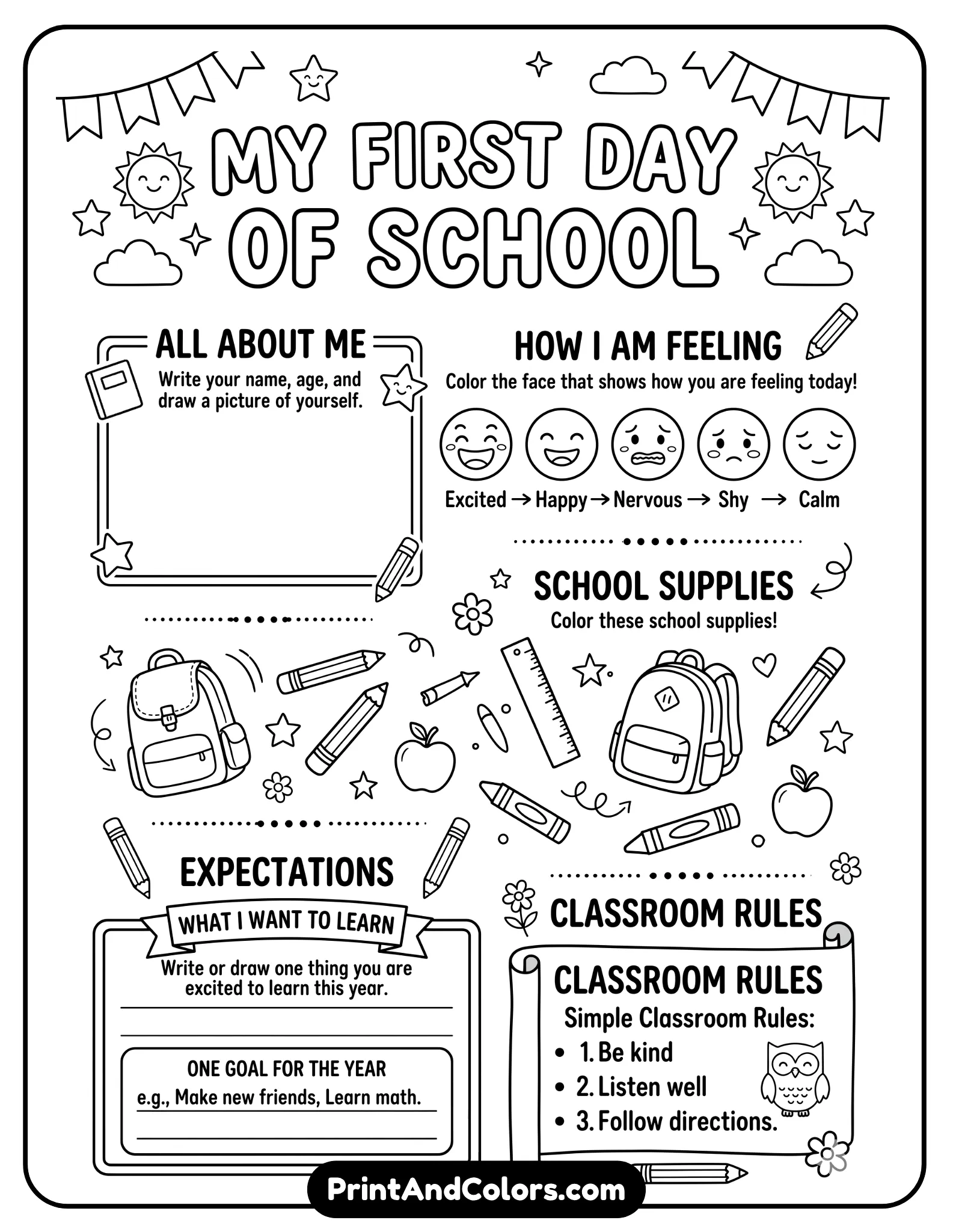 first-day-of-school black-and-white worksheet with school supplies, banners, and cheerful icons. Include prompts about feelings and expectations. Printable PDF-friendly layout