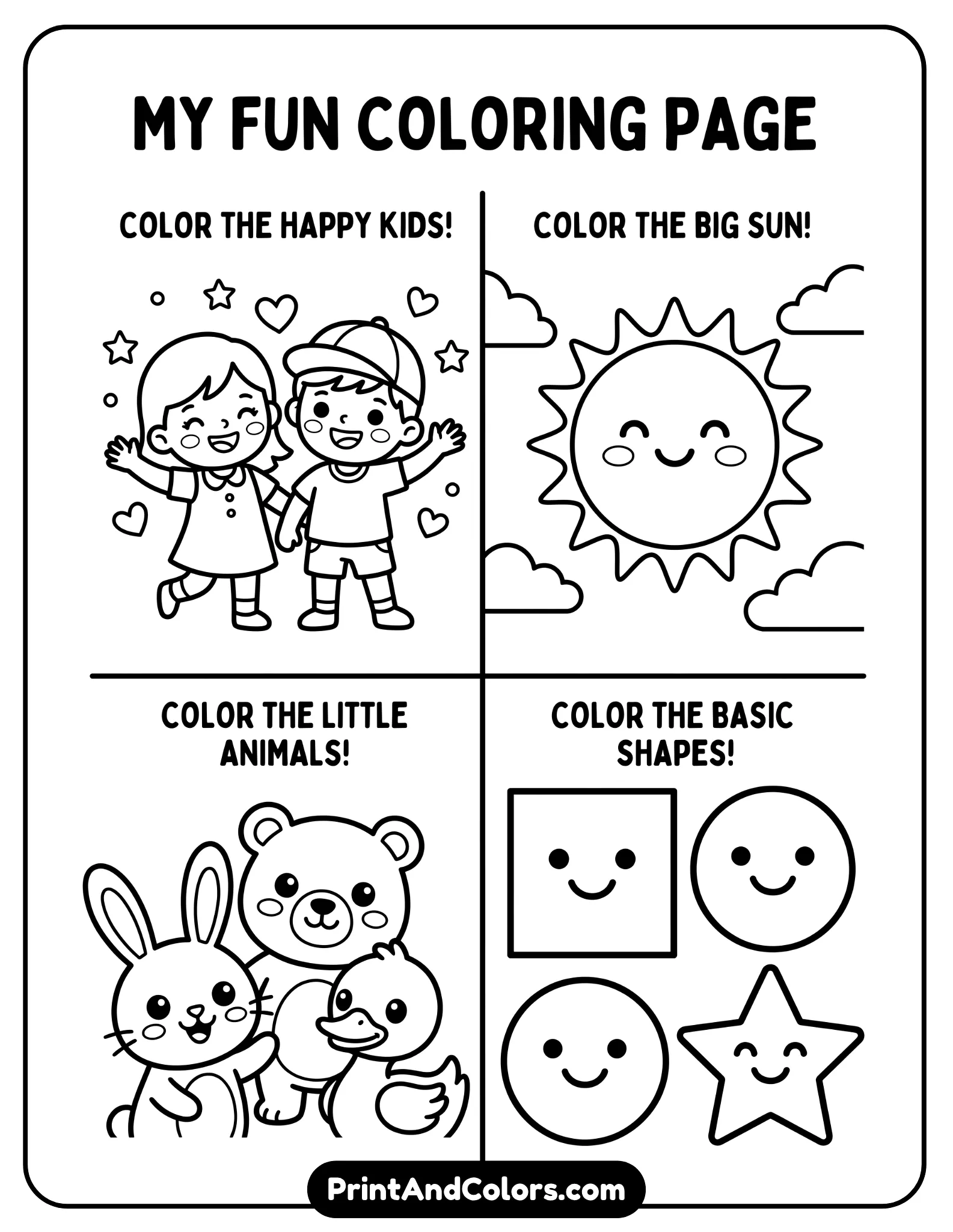 preschool-friendly black-and-white worksheet with very simple prompts, smiling cartoon kids, animals, and shapes. Large open spaces for coloring, thick outlines, minimal text, no background clutter.