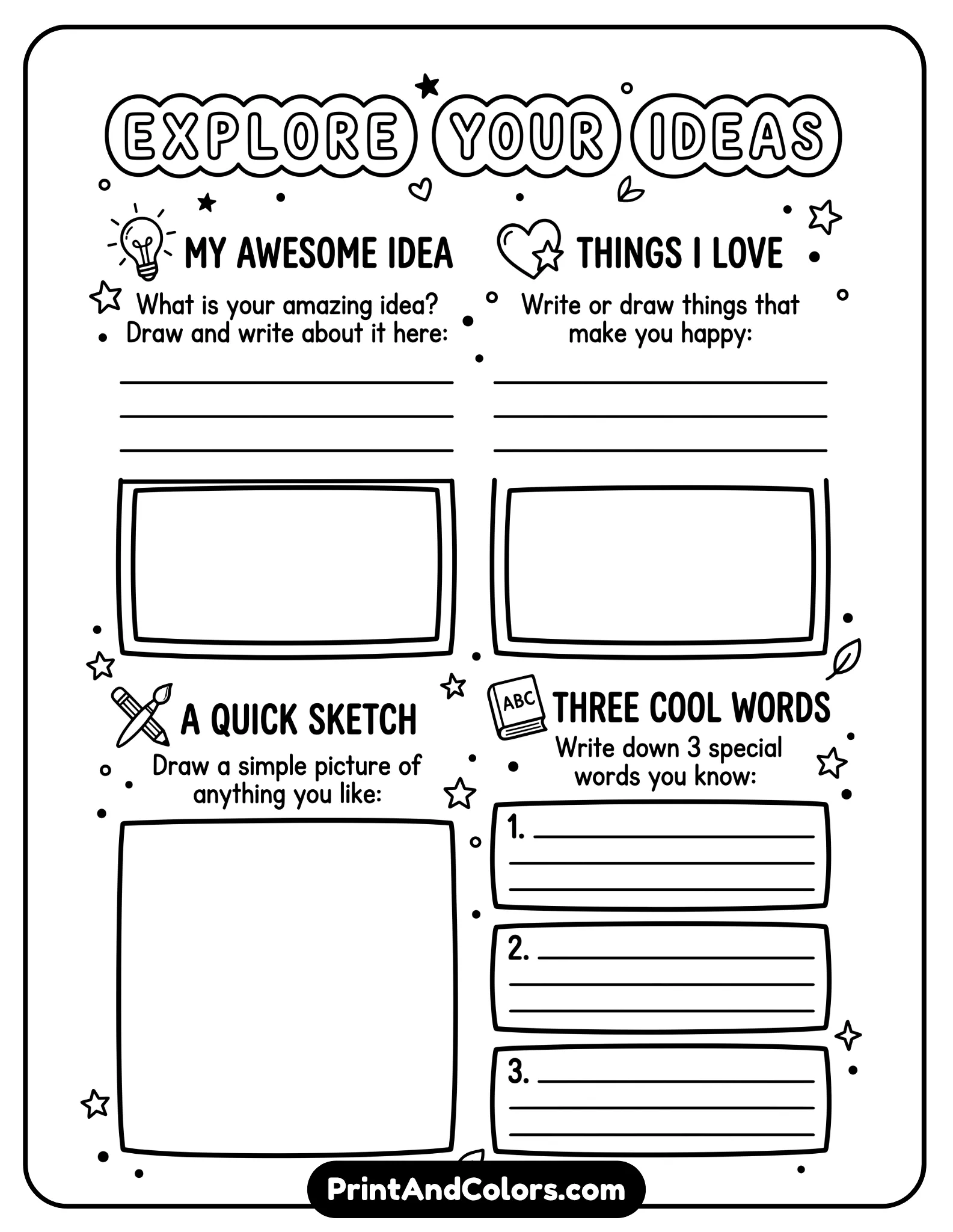 universal black-and-white worksheet suitable for all ages with simple prompts and neutral icons. Large writing spaces, bold outlines, clutter-free layout