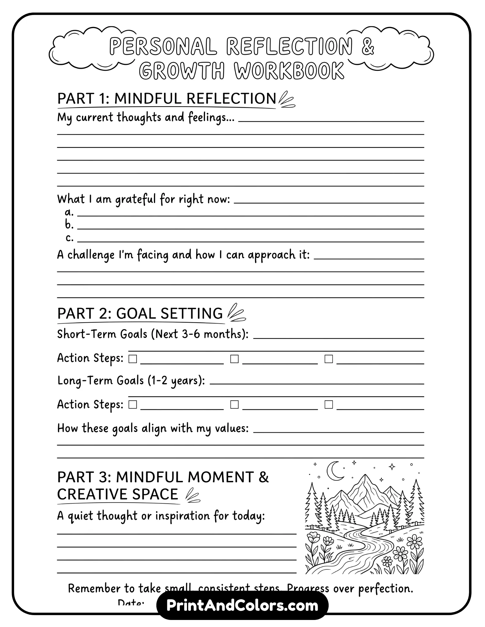 mature black-and-white worksheet for adults with reflection prompts, goal-setting areas, and minimal decorative elements. Professional, calm layout with plenty of writing space