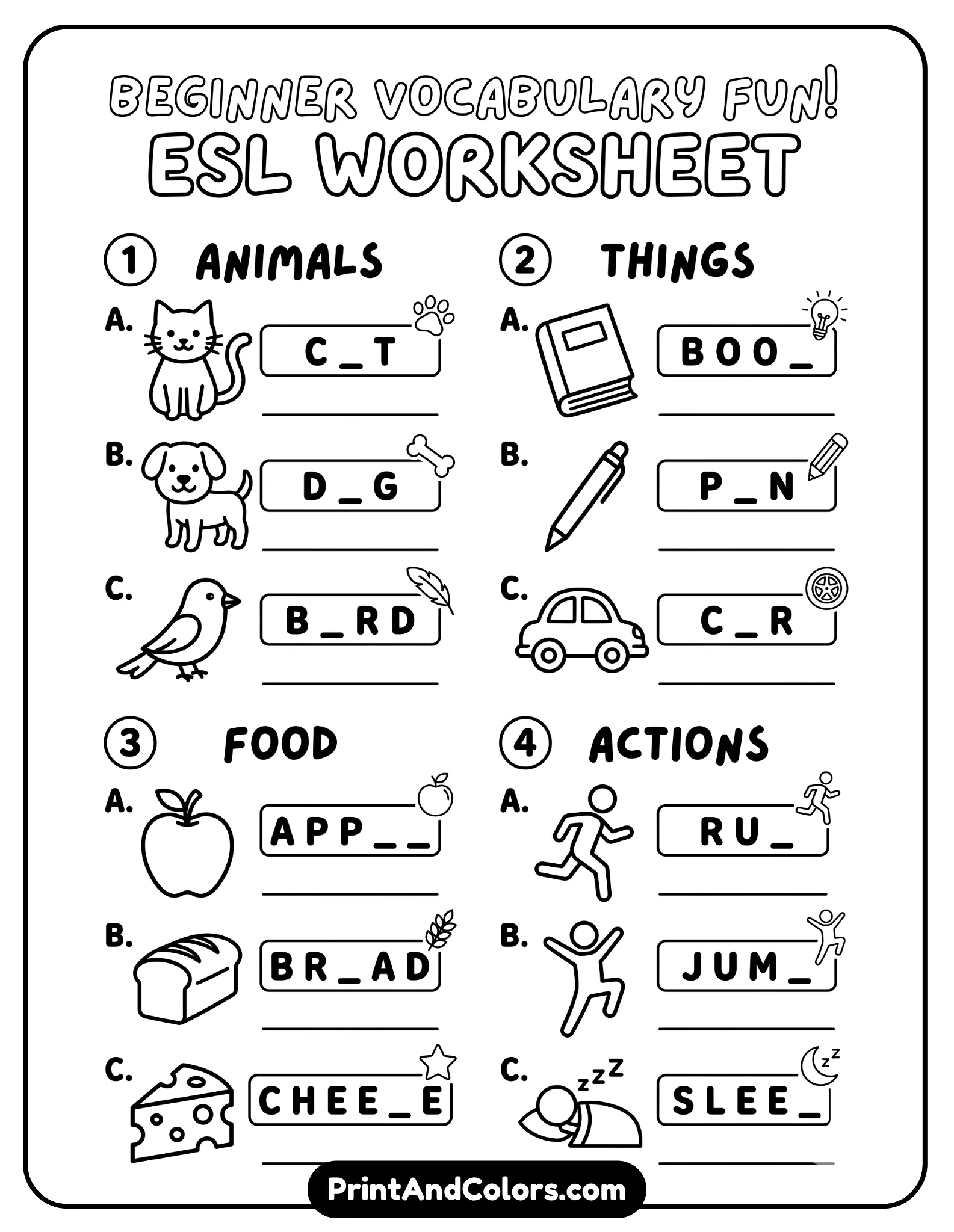 black-and-white worksheet with simple vocabulary, picture-supported prompts, and icons to help ESL learners. Clean layout, bold outlines, printer-friendly