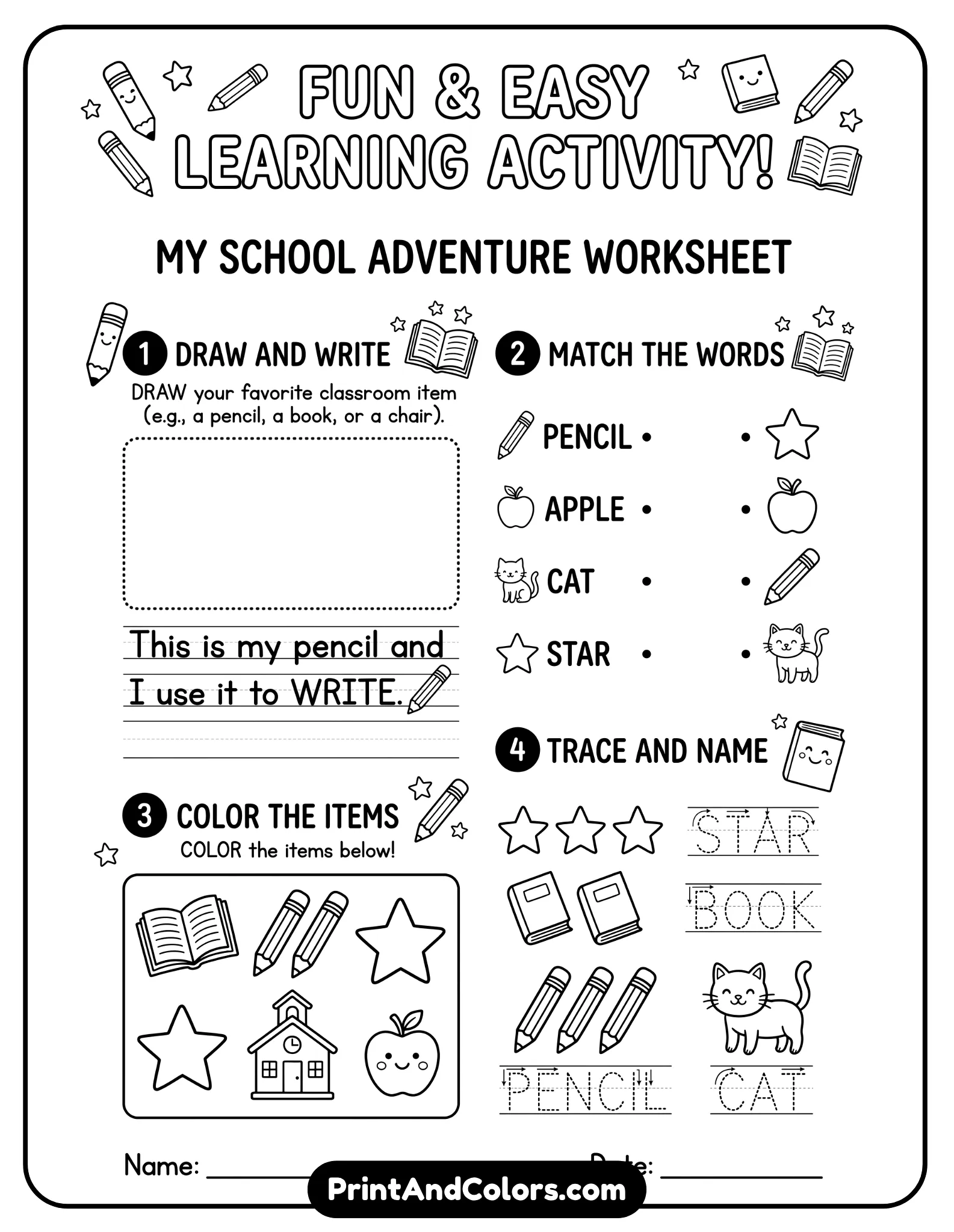 school-activity black-and-white worksheet with simple questions and elementary-level vocabulary. Include pencils, books, and stars as icons. Clean layout, no shading