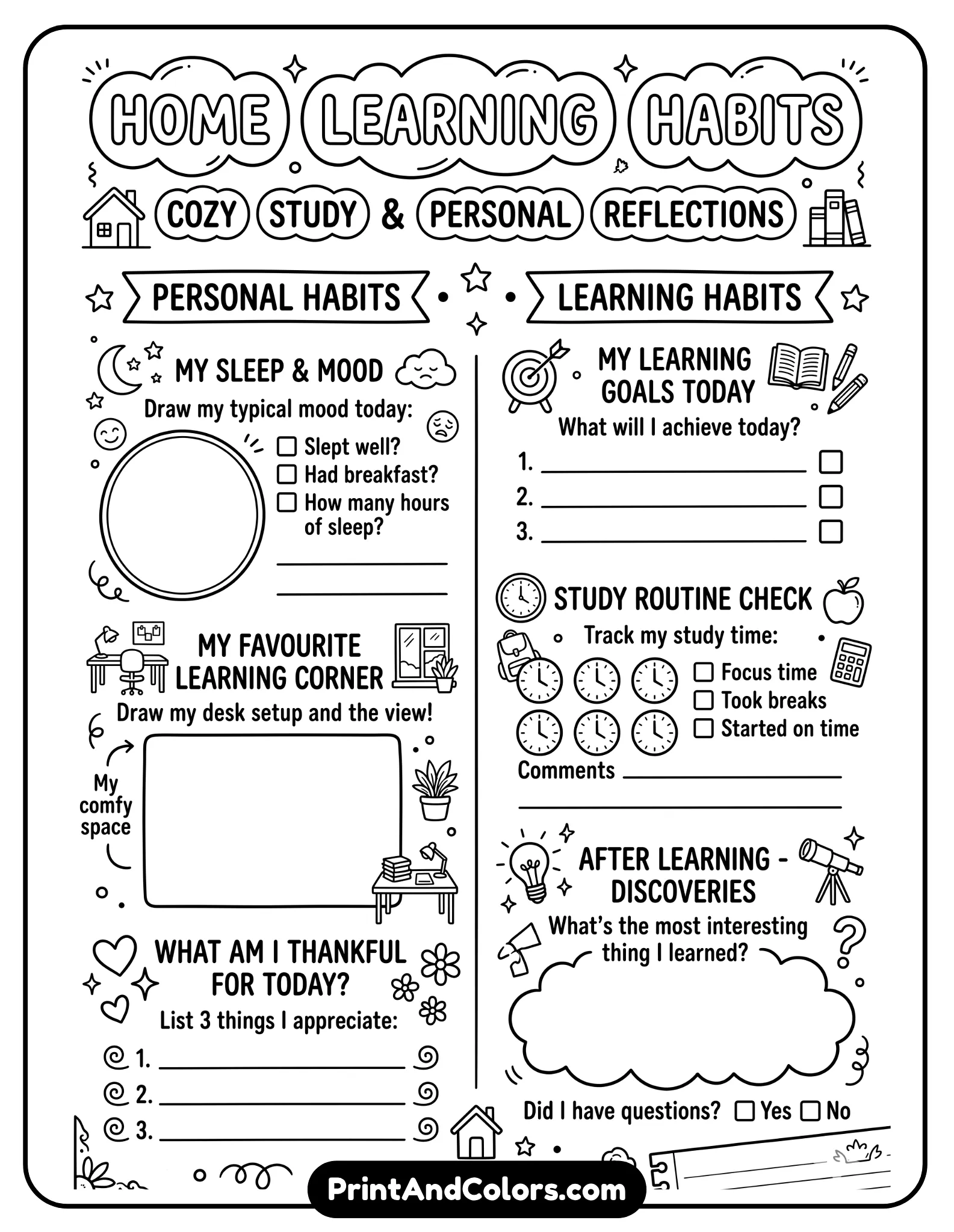 cozy black-and-white worksheet with home-learning icons like desks, books, and lamps. Include personal and learning habit prompts. Bold outlines, printable style