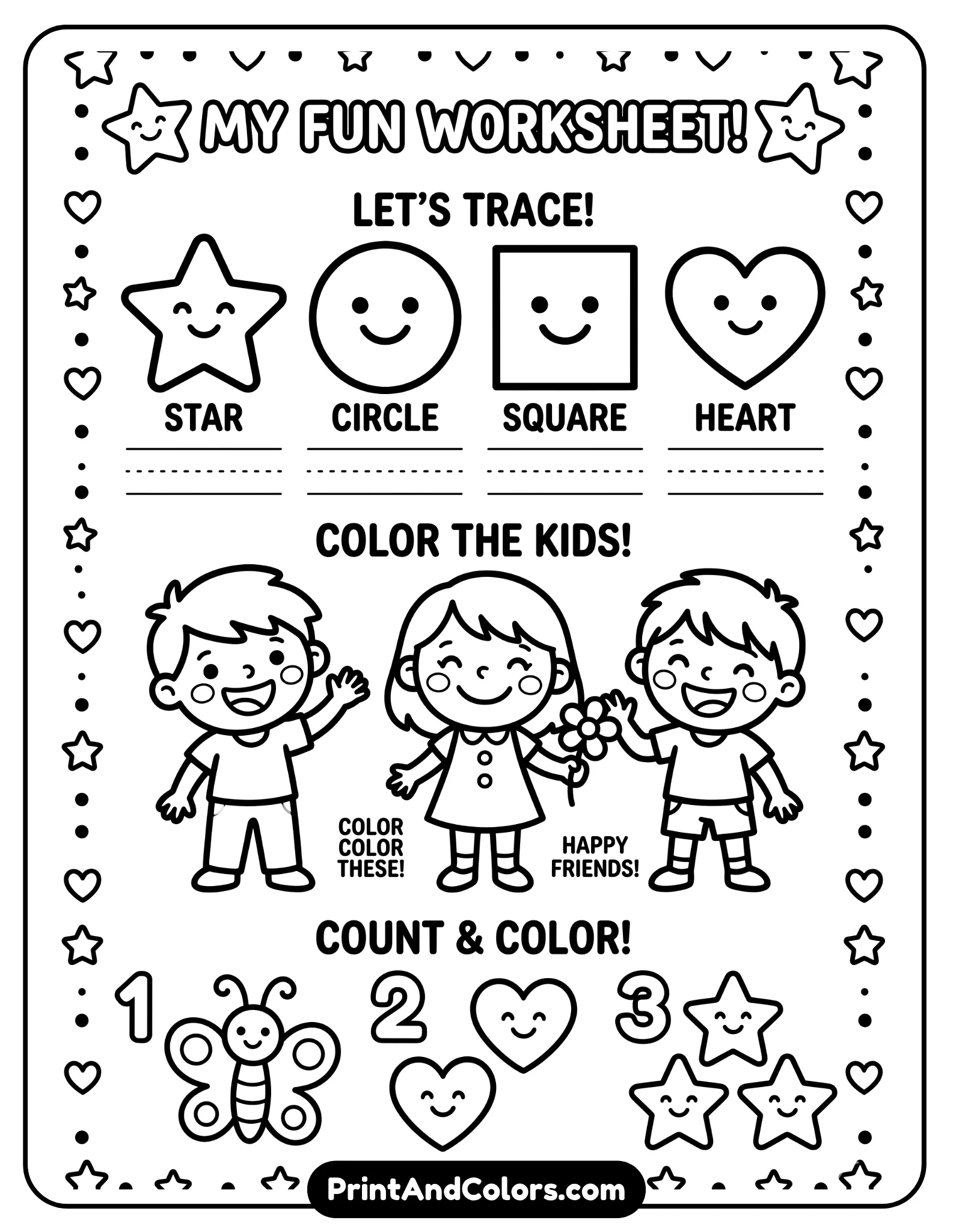 kindergarten-friendly black-and-white worksheet with smiling cartoon kids, big icons, and very simple prompts. Include shapes, stars, and hearts with large spaces for coloring and tracing. Thick outlines, no clutter.