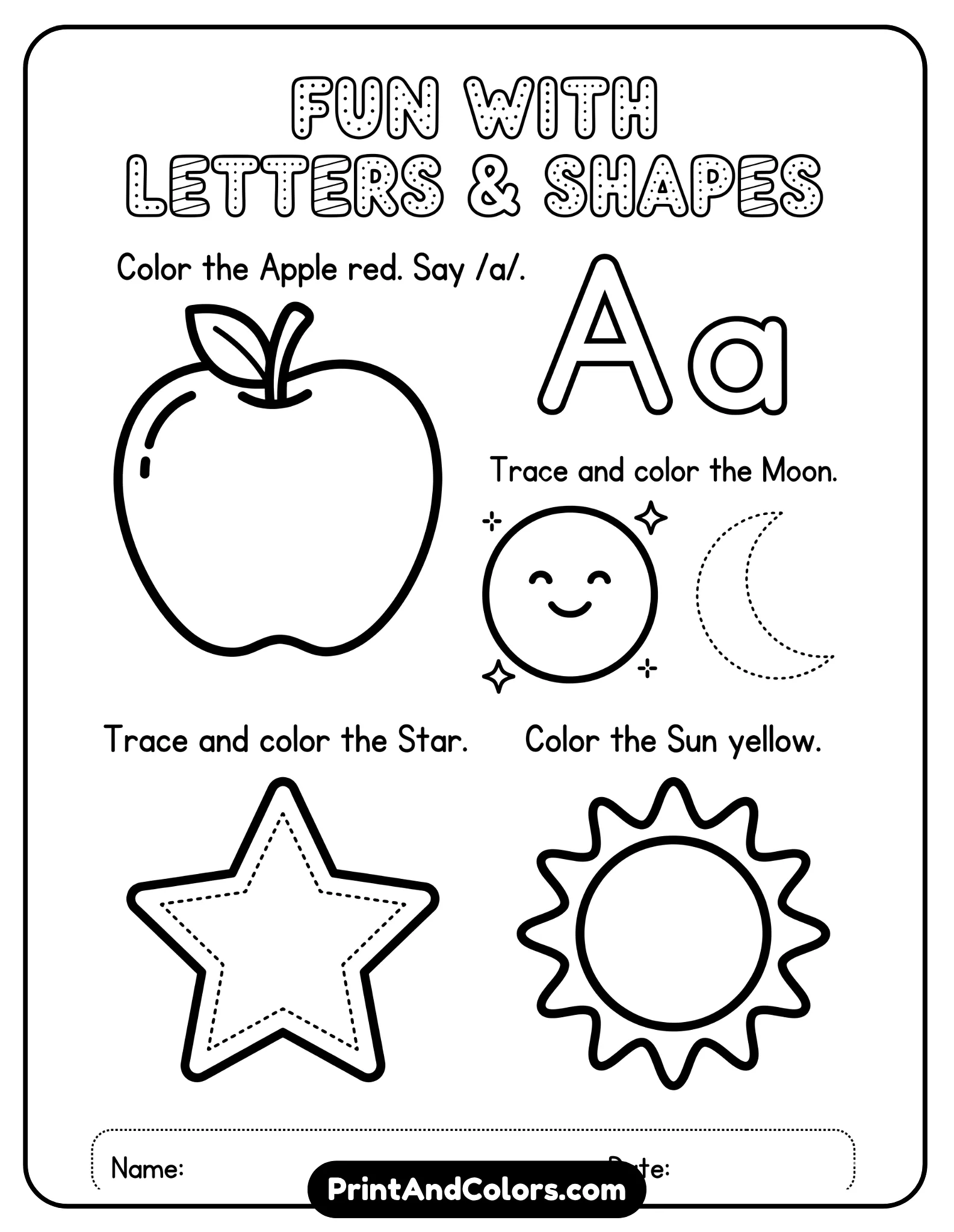 printable black-and-white worksheet for preschool and kindergarten with large icons, simple prompts, and tracing-friendly lines. Minimal text, thick outlines, easy coloring