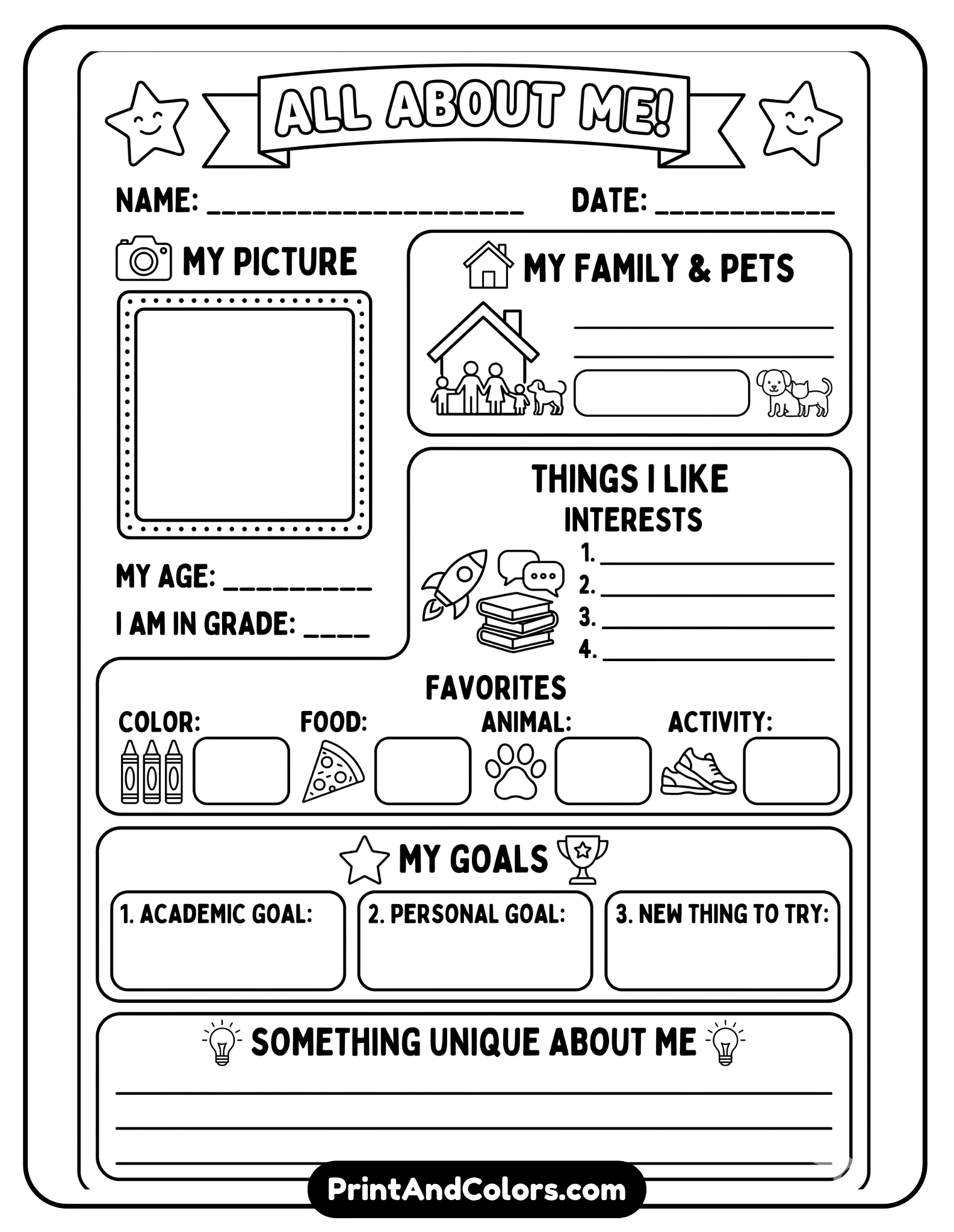 black-and-white worksheet suitable for general students with balanced text and image areas. Include writing lines, icons for interests, goals, and favorites. Clean educational layout, bold outlines, no shading.