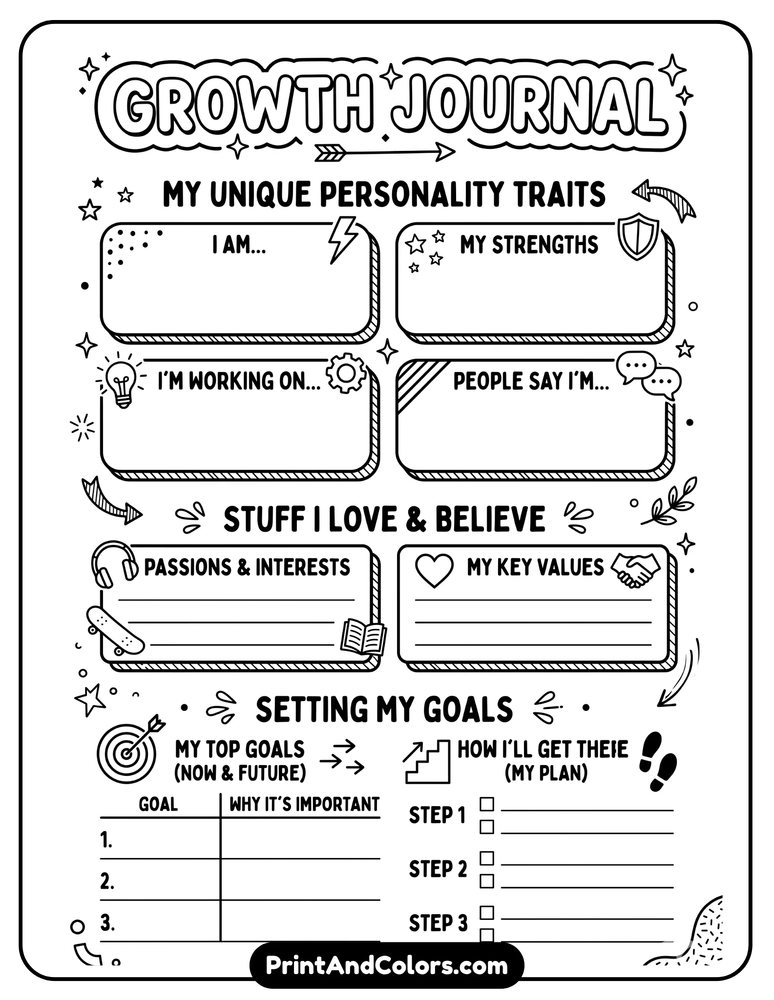 teen-focused black-and-white worksheet with sections for personality traits and goals. Include modern icons like arrows, speech bubbles, and stars. Clean lines, no childish imagery