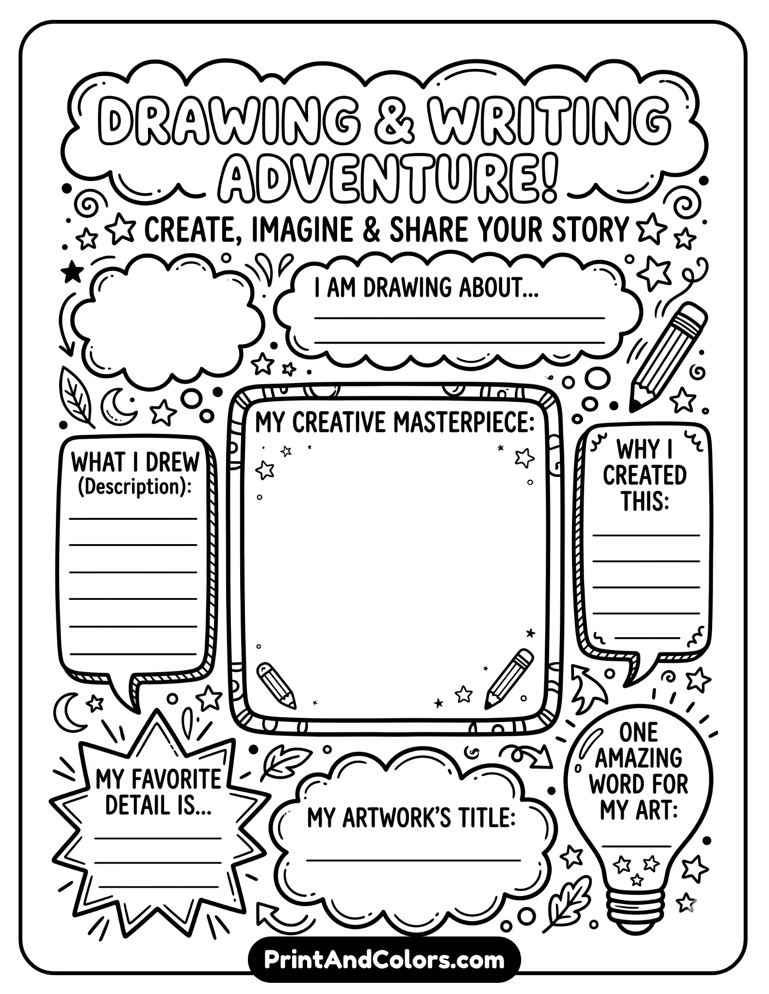 creative black-and-white worksheet with a large drawing space and surrounding writing prompts. Include stars, pencils, and light decorative elements. Bold outlines, open areas for coloring