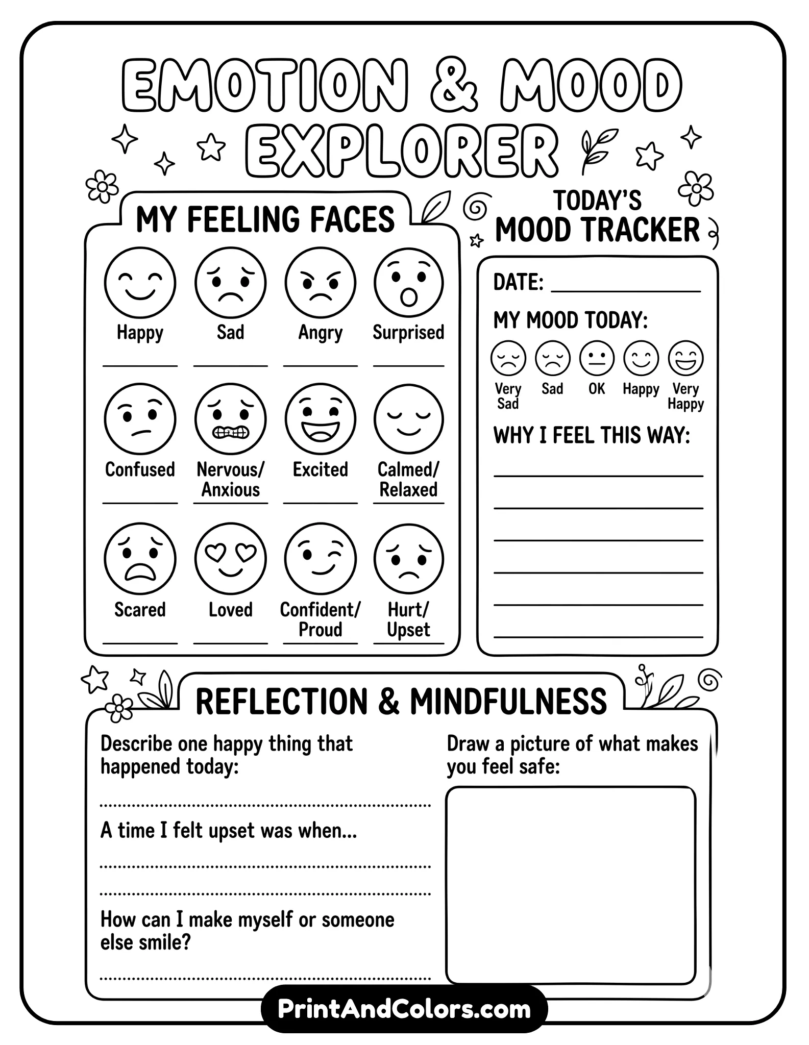 SEL-focused black-and-white worksheet featuring emoji-style faces showing different emotions. Include a simple mood tracker and reflection prompts. Clean outlines, printable coloring style