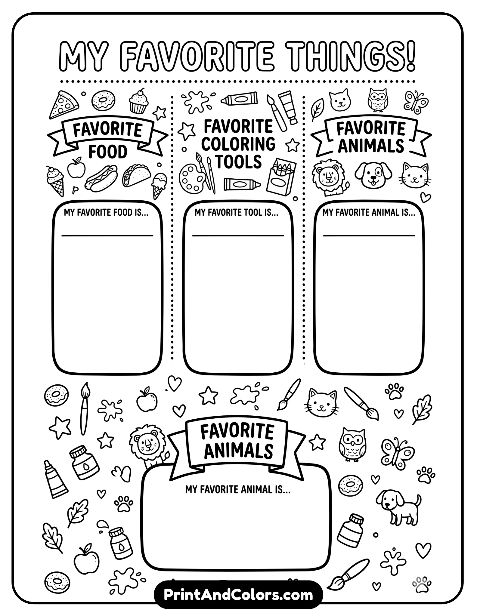 fun black-and-white worksheet with icons of food, paint palettes, and animals. Include labeled spaces for each favorite. Bold outlines, no shading